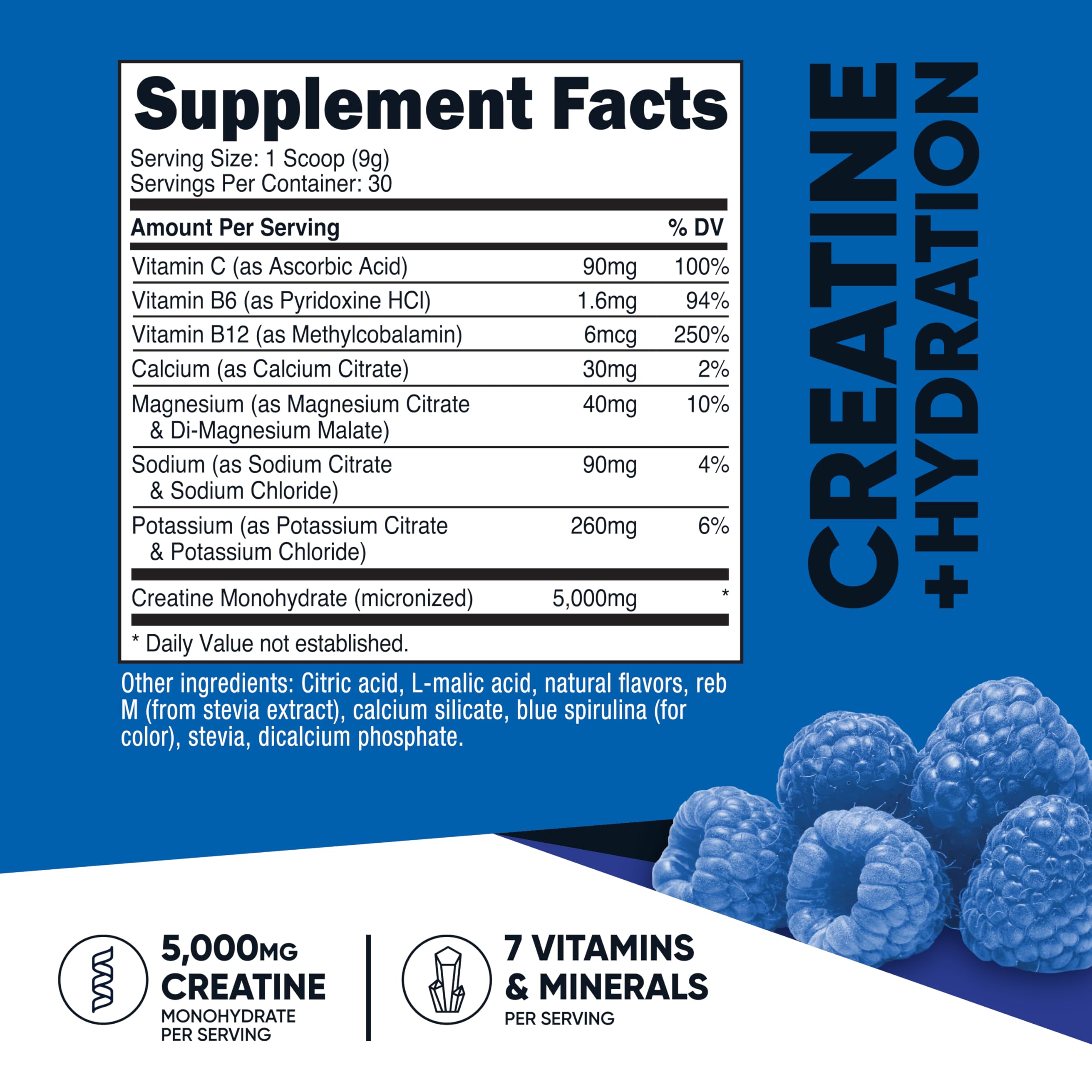 Nutricost Creatine Monohydrate + Hydration Blue Raspberry Flavored (30 Servings) - 7 Vitamins & Minerals, 5000mg of Creatine Per Serving NutricostBuy Supplements Australia
