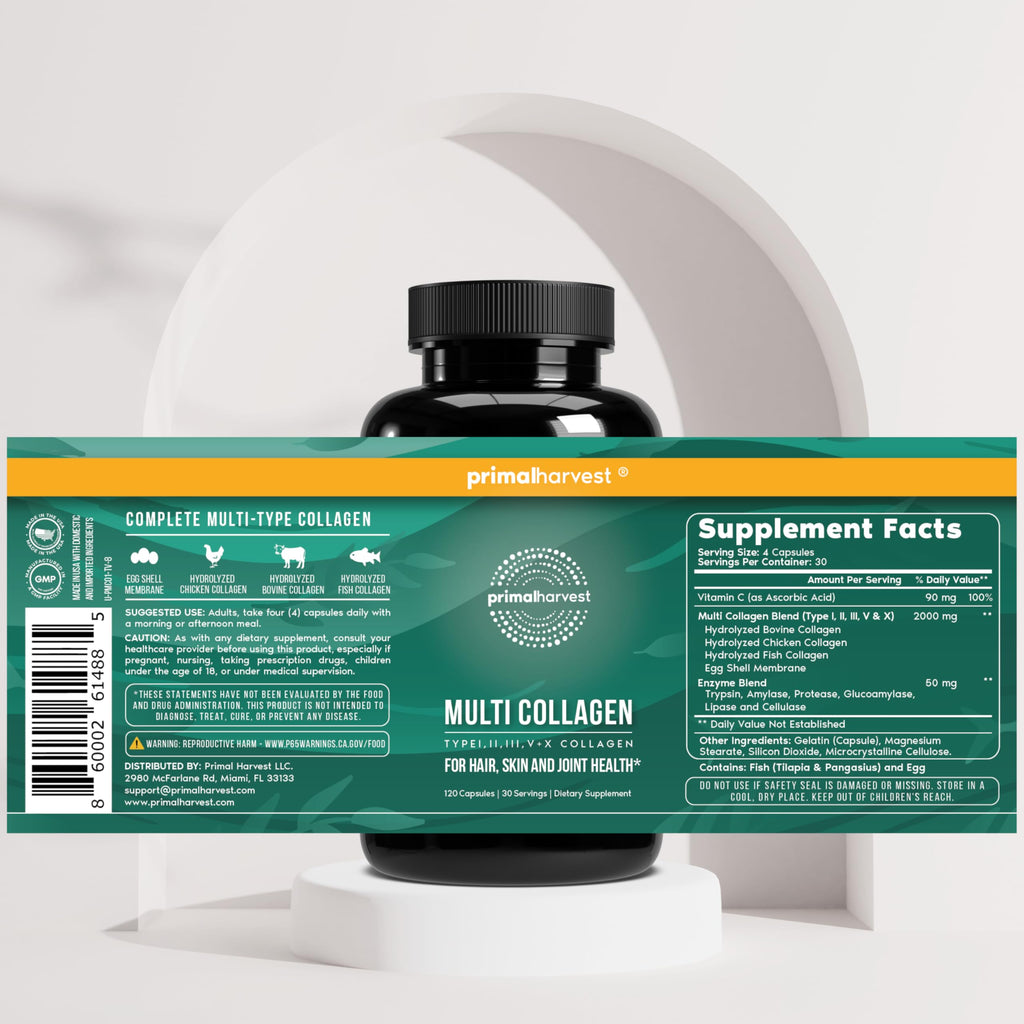 Primal Harvest Multi Collagen Pills for Women and Men (Type I, II, III, V, X) 120 Capsules w/Vitamin C for Hair, Skin, Nails Primal Harvest buy supplements Au