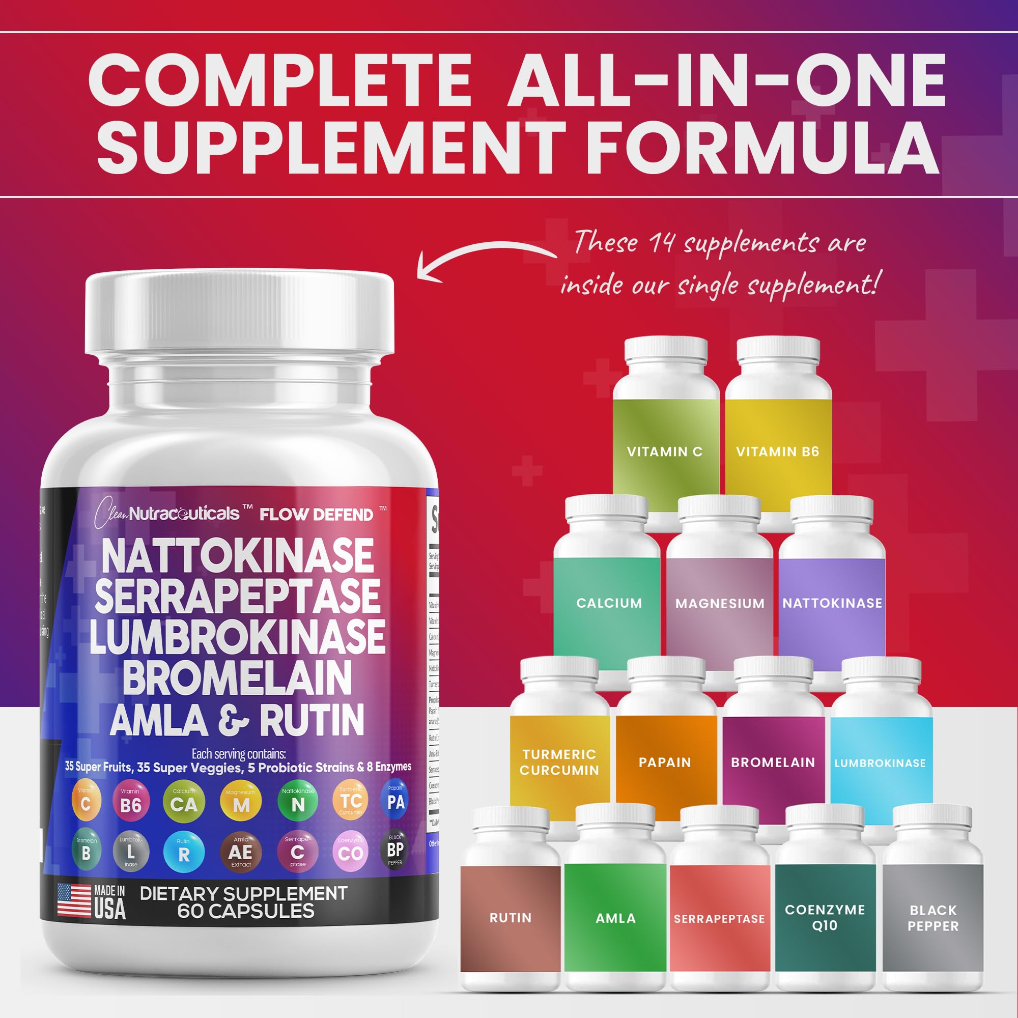 Nattokinase 4000 FU Serrapeptase 120000 SPU Lumbrokinase Enzyme