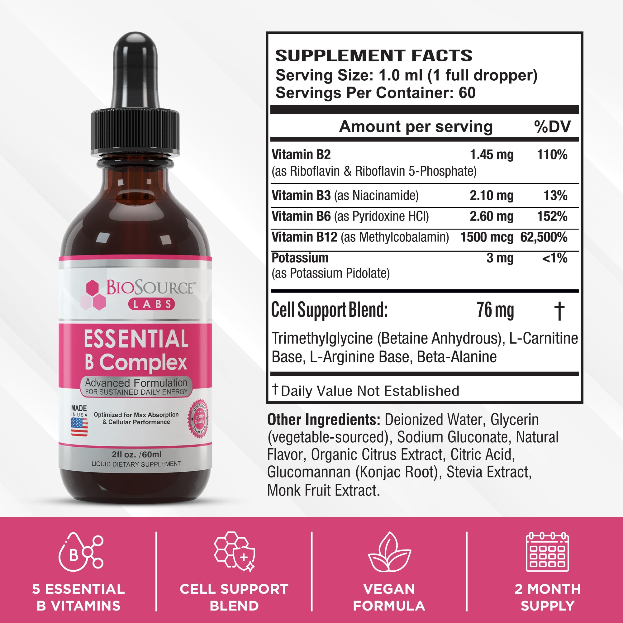 BioSource Labs Essential B Complex - Daily Vegan Vitamin B-Complex Sublingual Liquid BioSource LabsBuy Supplements Australia