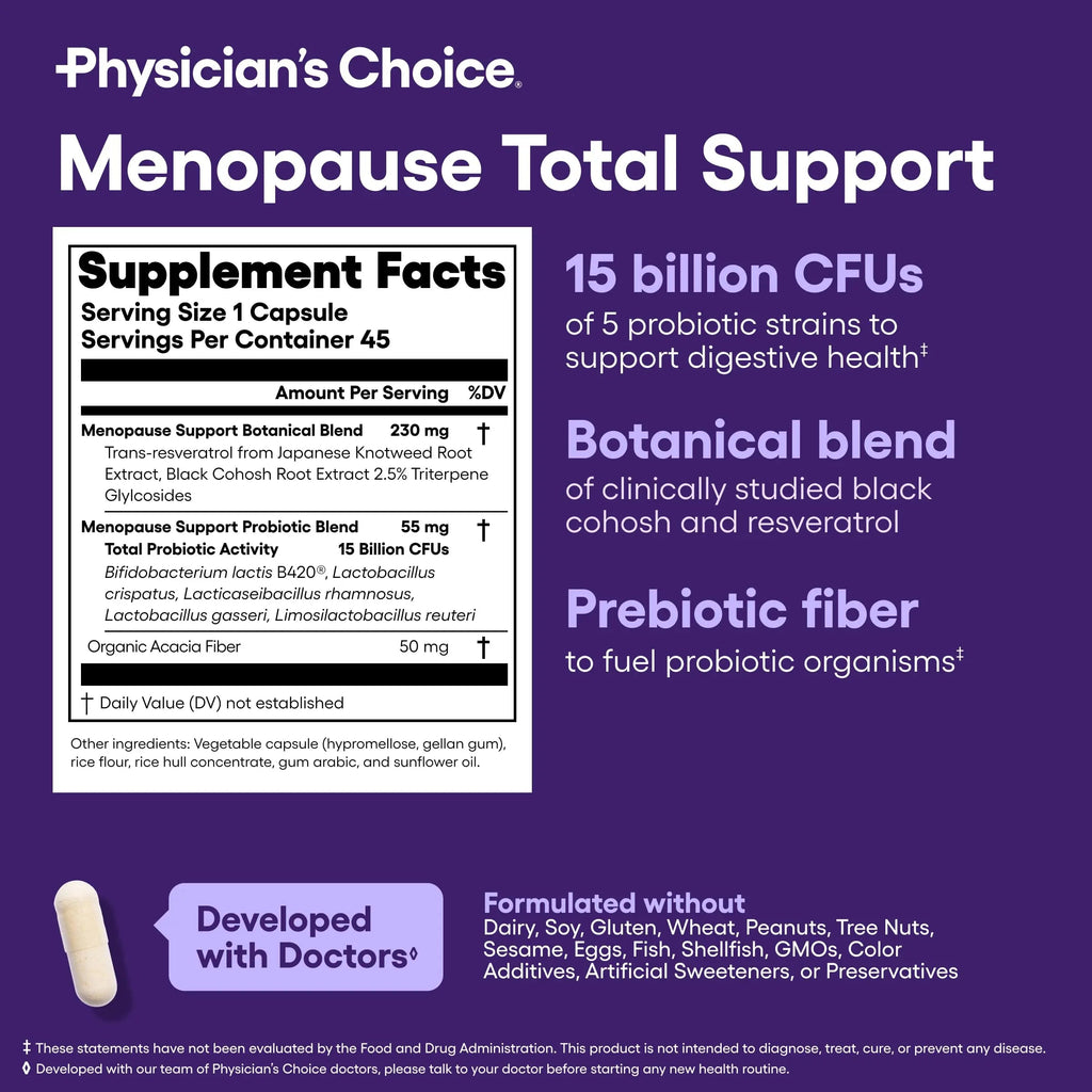 Physician's CHOICE Menopause Probiotic Supplement for Women - Supports Hormone Balance, Hot Flashes, Night Sweats, Weight Management, Bloating & Gut Health - with Black Cohosh, Resveratrol+ - 45ct Physician's CHOICE buy supplements Au