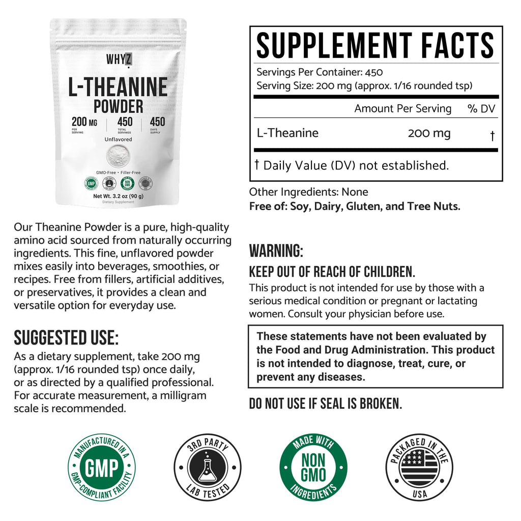 Pure L-Theanine Powder Unflavored Amino Acid Supplement Powder from Fine L-Theanine for Smooth Mixing Vegan Friendly Non-GMO No-Additives for Smoothies Drinks and Daily Nutrition Support, 3.2 oz (90g) WHYZBuy Supplements Australia