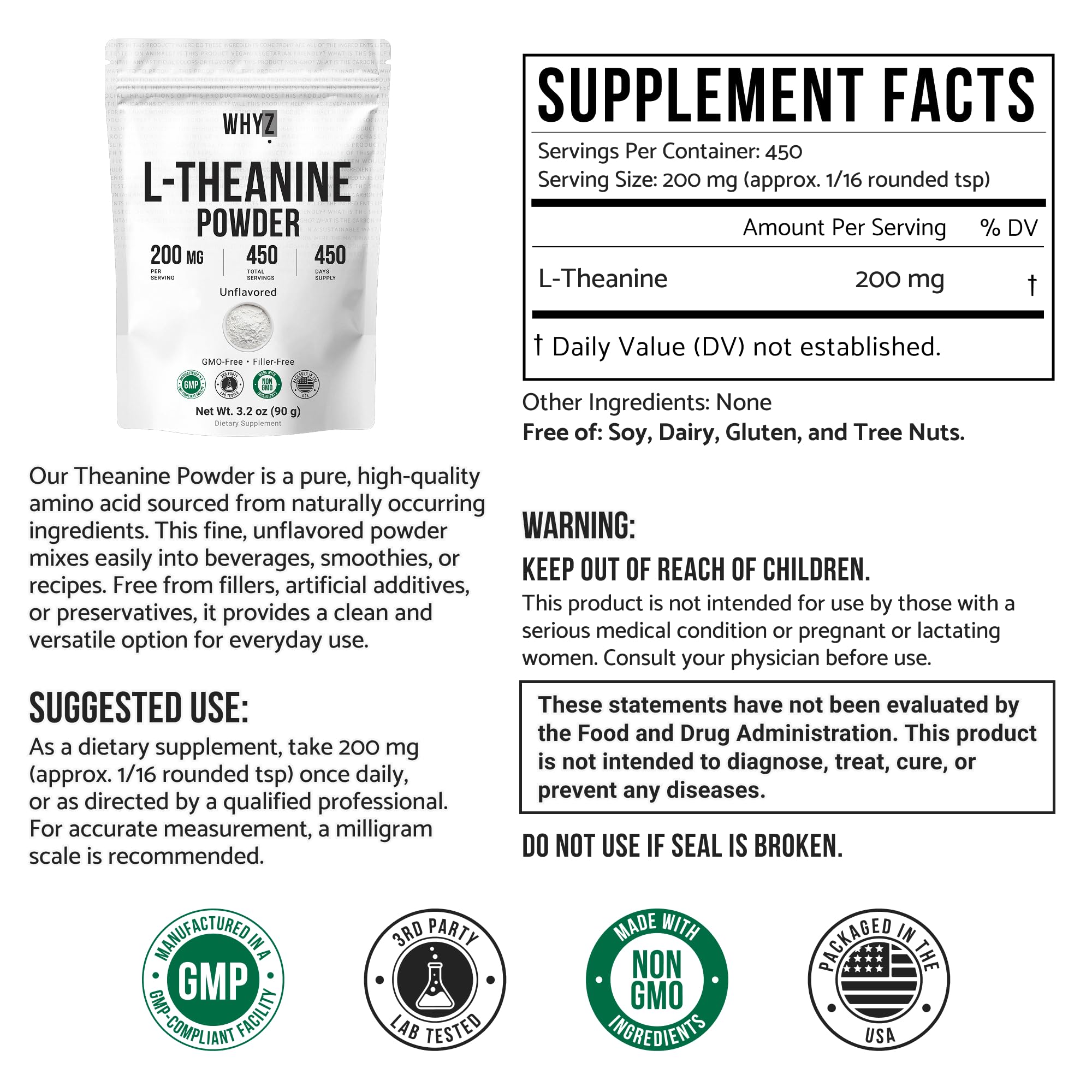 Pure L-Theanine Powder Unflavored Amino Acid Supplement Powder from Fine L-Theanine for Smooth Mixing Vegan Friendly Non-GMO No-Additives for Smoothies Drinks and Daily Nutrition Support, 3.2 oz (90g) WHYZBuy Supplements Australia