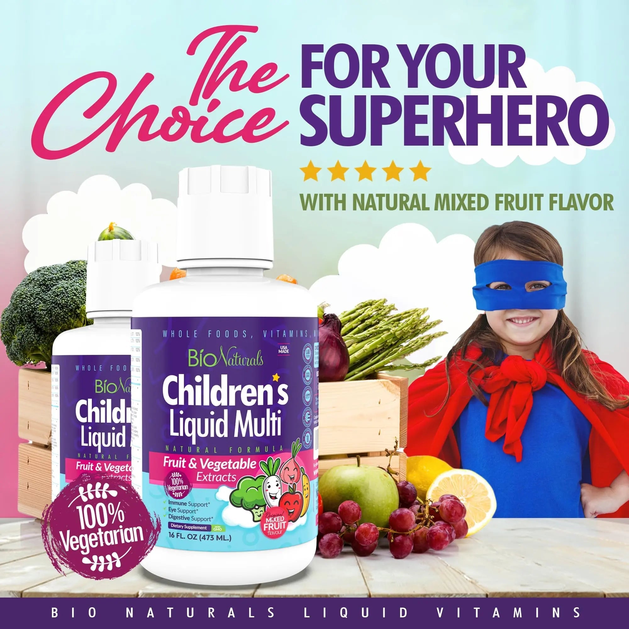 Bio Naturals Children's Liquid Multivitamin & Immune Booster - Natural Supplement for Kids & Toddlers with Vitamins A B C D3 E, Fiber Bio Naturals