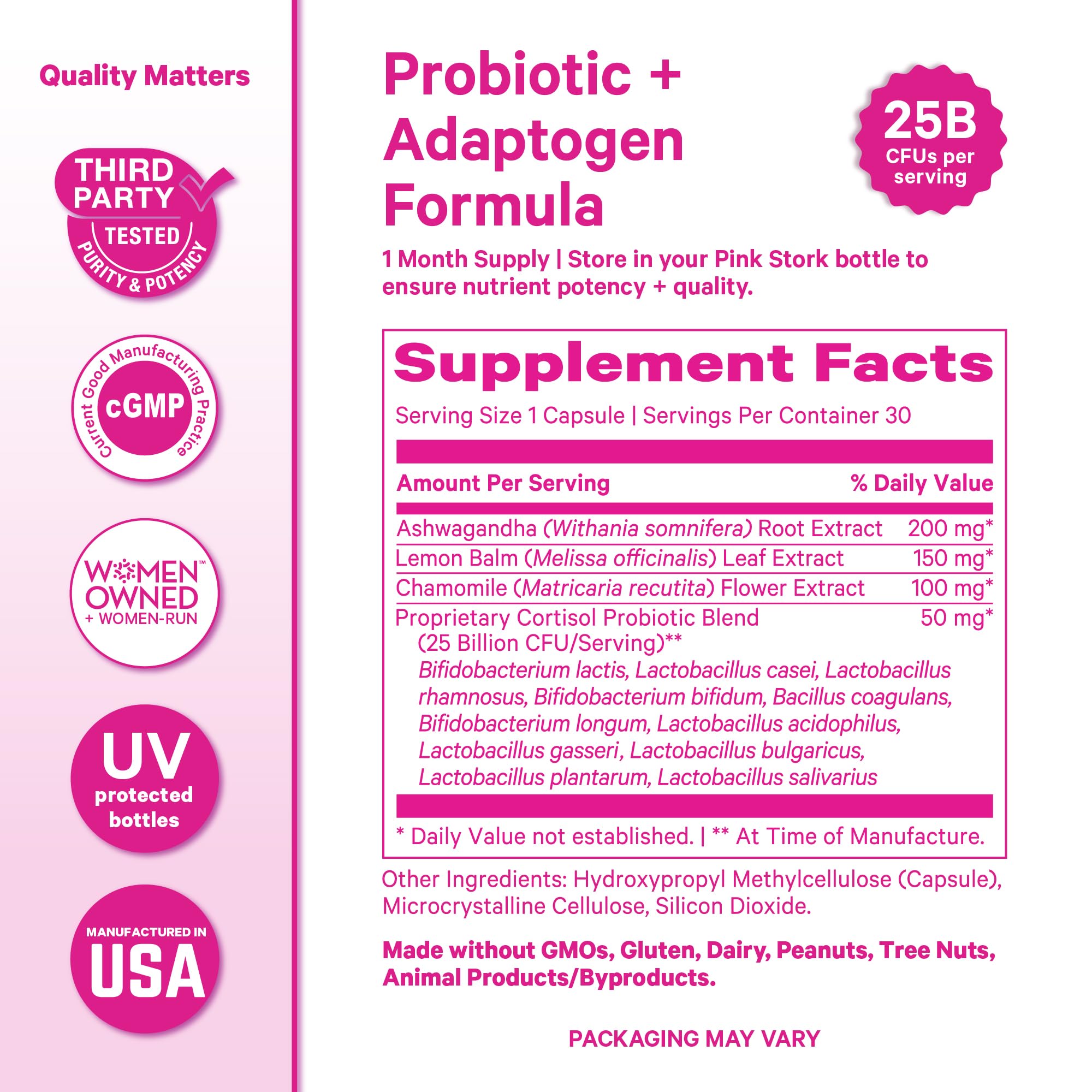 Pink Stork Cortisol Probiotic for Women – Mood and Adrenal Support Supplement – Ashwagandha, Lemon Balm, Chamomile, 25 Billion CFU – Gut Health, Energy, Focus – Lower Cortisol – 30 Capsules Pink StorkBuy Supplements Australia