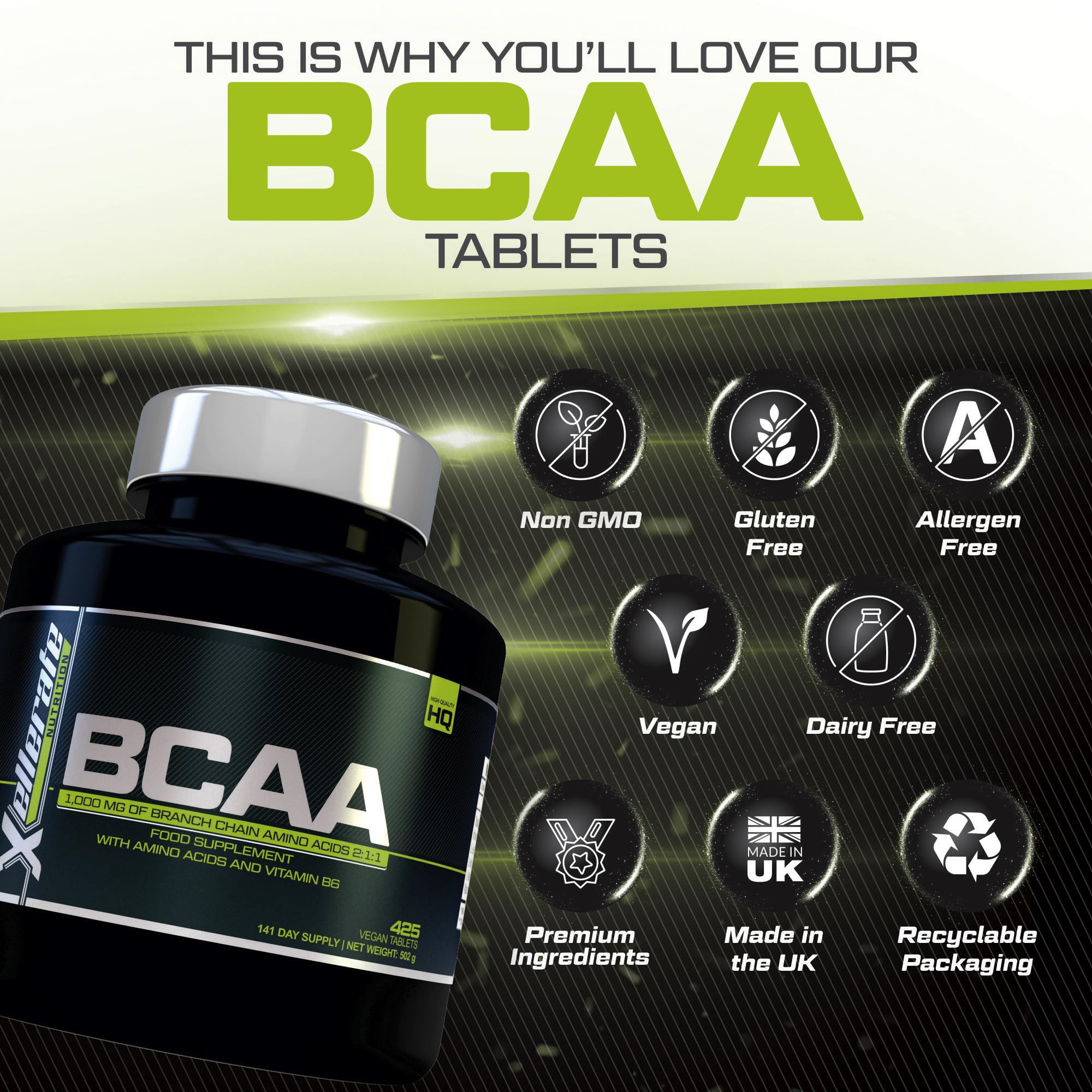 BCAA 1000mg - 425 Vegan Tablets - 3000mg Daily Serving - 141 Day Supply - 2:1:1 BCAAs Xellerate NUTRITIONBuy Supplements Australia