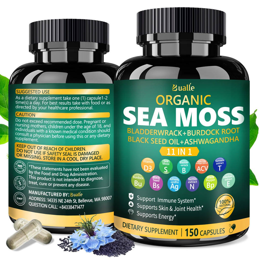 Bualle Irish Sea Moss Capsules – Organic Sea Moss, Black Seed Oil, Ashwagandha Supplements with Bladderwrack, Ginger & Burdock Root – Supports Daily Wellness, Skin & Energy – 150 Count (1 Pack) Bualle buy supplements Au