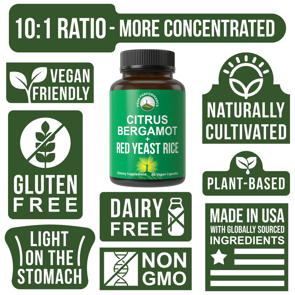 Citrus Bergamot + Red Yeast Rice. 2-in-1 Supplement. High Strength 10:1 Bergamot Extract. No Gluten, Zero Sugar, Vegan Capsules Peak PerformanceBuy Supplements Australia