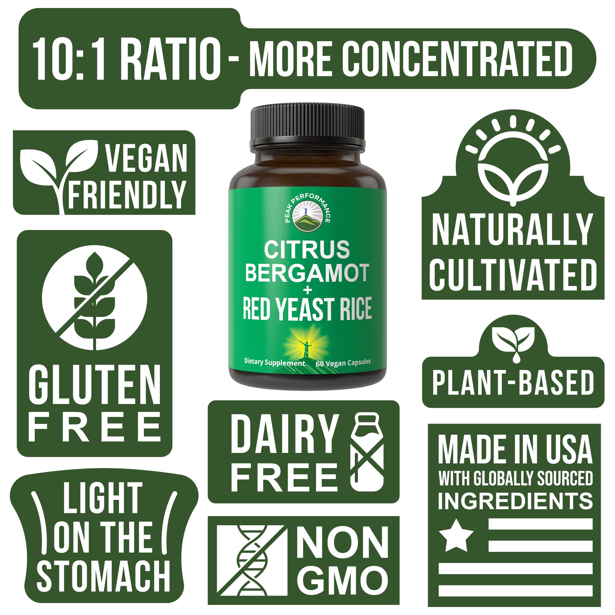 Citrus Bergamot + Red Yeast Rice. 2-in-1 Supplement. High Strength 10:1 Bergamot Extract. No Gluten, Zero Sugar, Vegan Capsules Peak PerformanceBuy Supplements Australia