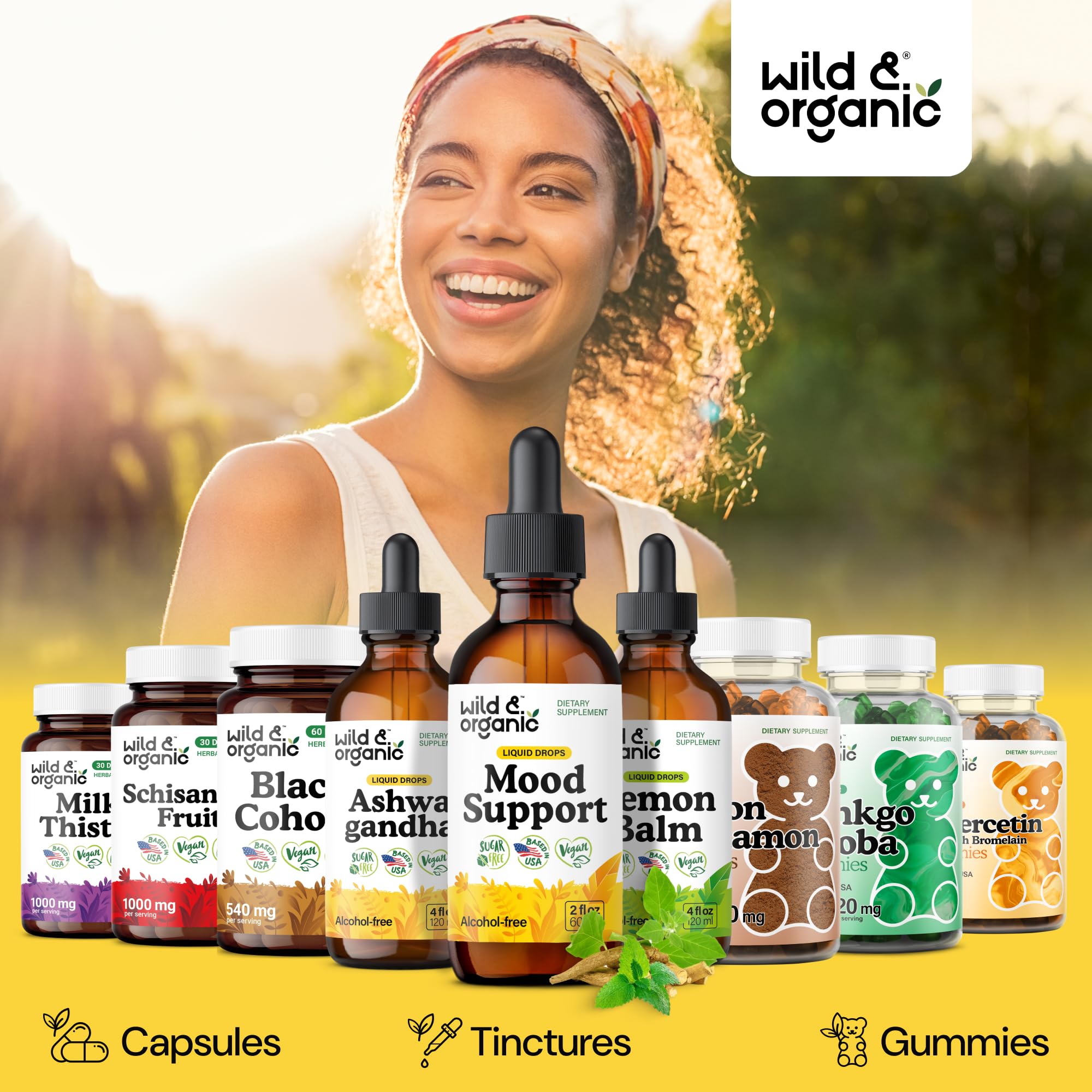Wild & Organic Mood Support Drops - Good Mood Supplements w/Ashwagandha Root & Rhodiola Rosea - Natural Liquid Drops for Positive Energy - Calm and Relax Supplements for Women and Men - 2 oz Wild & Organic buy supplements Au