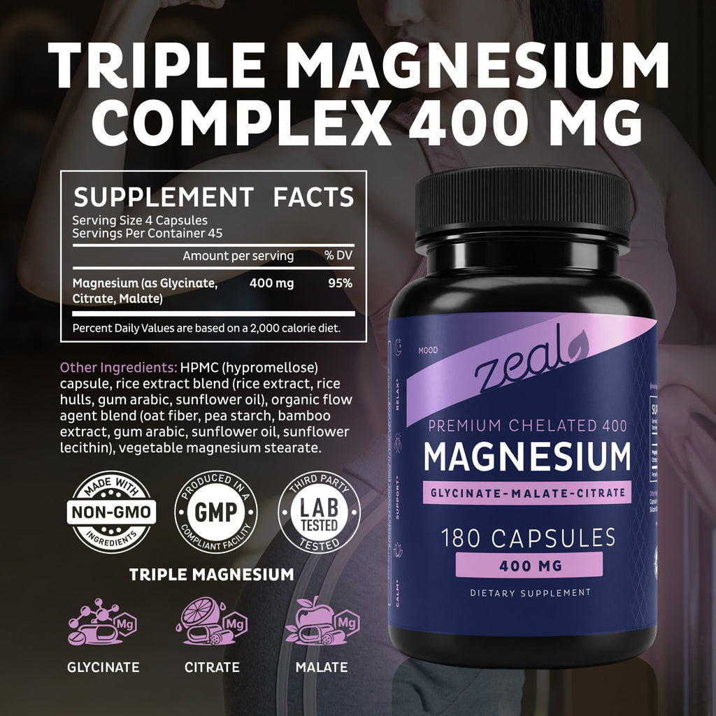 Zeal Naturals Triple Magnesium Complex Supplement - Glycinate, Malate, Citrate | 400mg, 180 Capsules | High Absorption Chelated Magnesium for Sleep, Mood, Muscle Recovery, Relaxation Zeal Naturals buy supplements Au