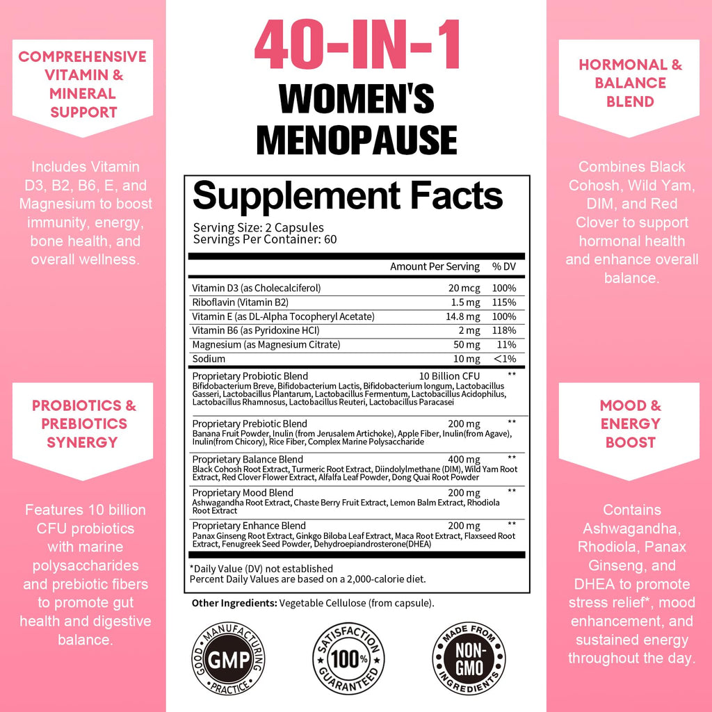 40-in-1 Menopause Supplements for Women, Multibenefit & Complete Black Cohosh for Hot Flashes, Night Sweats & Hormone Balance, w/ Probiotics, DIM, Vitex, Dong Quai, Red Clover and More, 120 Vegan Caps TotariaBuy Supplements Australia