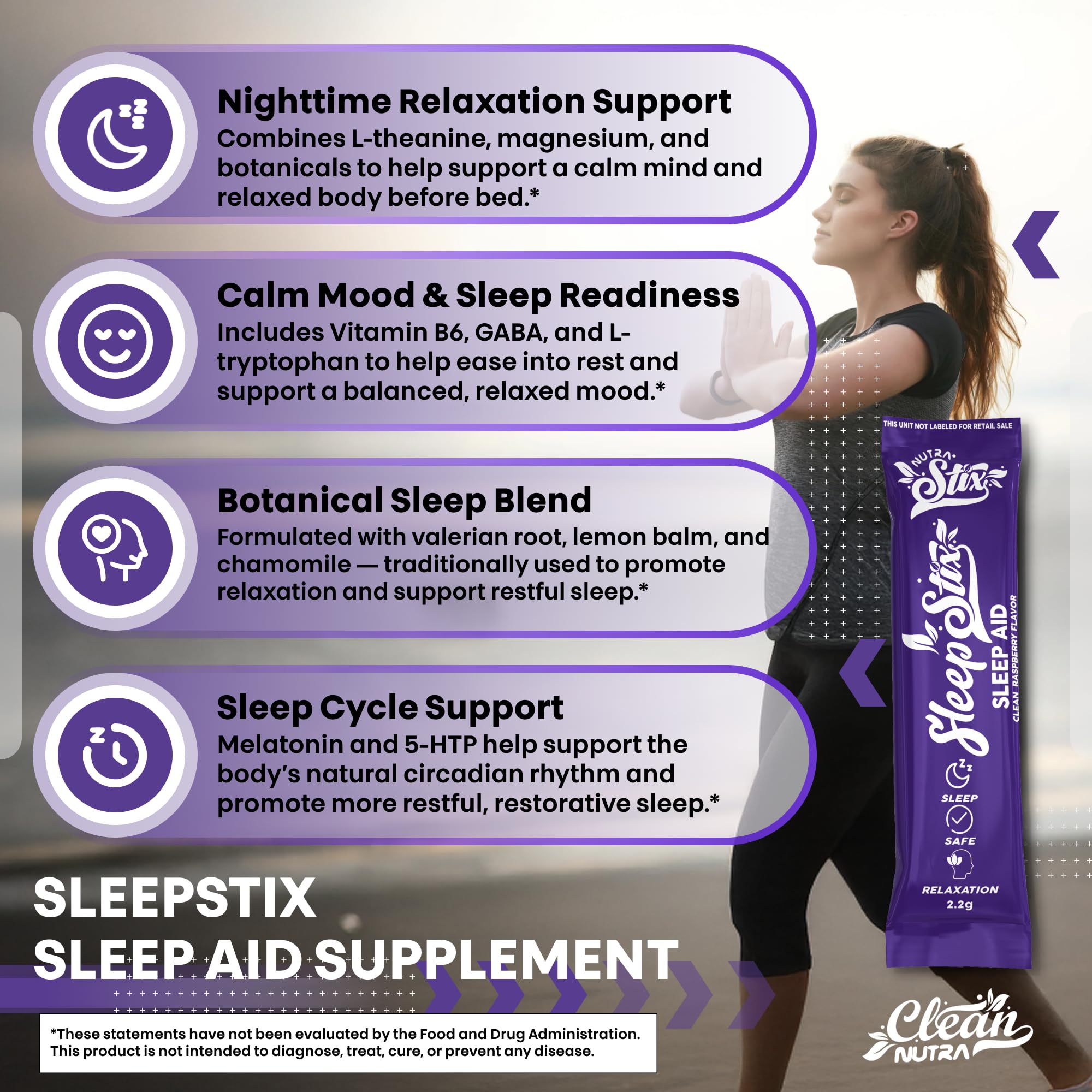 Sleep Aid Melatonin Powder Tryptophan Glycine Valerian Root Magnesium For Sleep Lemon Balm L Theanine Magnesium Glycinate Zinc Sleep Aid Myo Inositol GABACalm B6 5 HTP Stress Relief 20 Stix Clean NutraceuticalsBuy Supplements Australia
