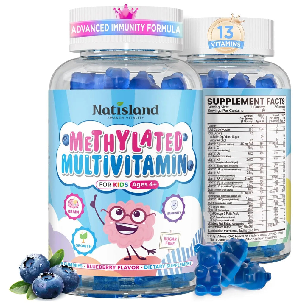 Kids Methylated Multivitamin - MTHFR Multivitamin for Kids & Teens 4+, L Methylfolate & B12, 13 Vitamins, Vegan Omega-3 NATISLANDBuy Supplements Australia