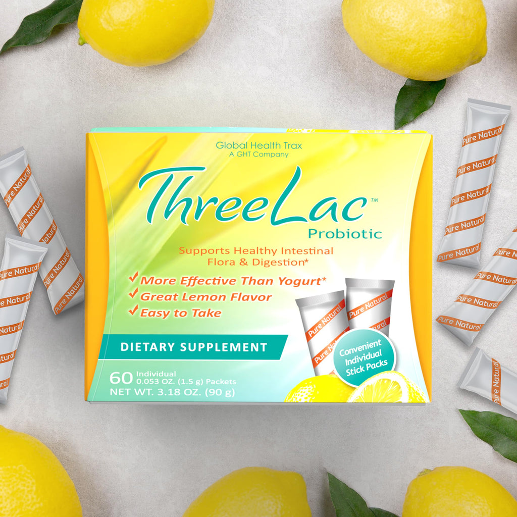 Global Health Trax ThreeLac Lemon Probiotic Drink Mix for Digestive Health - Advanced Probiotic Powder Formula for Men, Women, and Kids - Immune Support & Gut Balance, Non-GMO - 120 Packets ght Global Health TraxBuy Supplements Australia