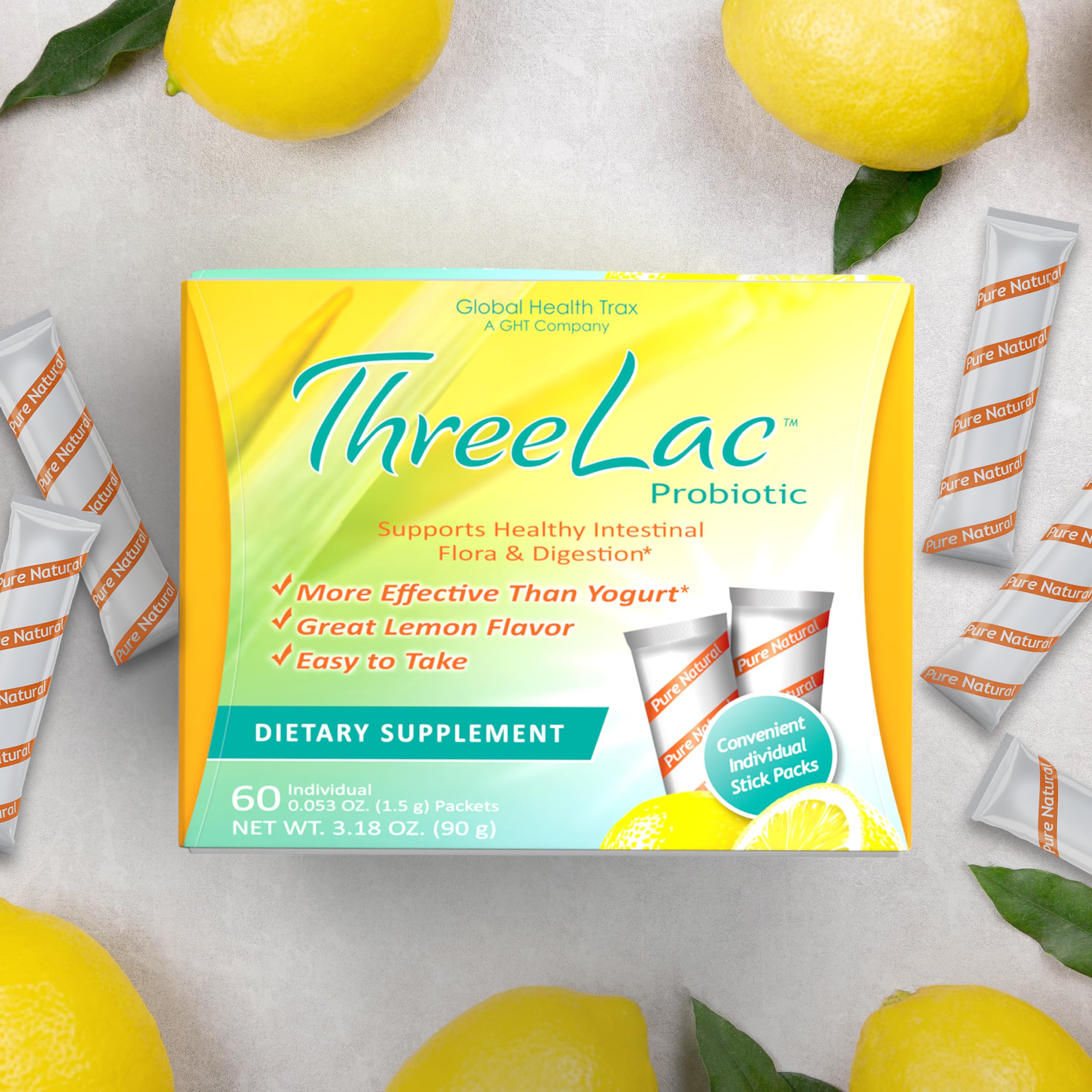 GHT - ThreeLac Lemon Probiotic Drink Mix for Digestive Health - Advanced Probiotic Powder Formula for Men, Women, and Kids - Immune Support & Gut Balance, Non-GMO - 240 Packets ght Global Health TraxBuy Supplements Australia