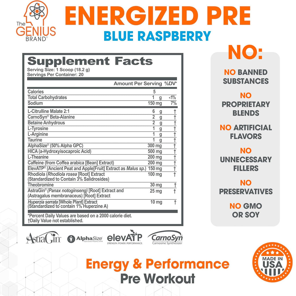 Genius Energized Pre Workout Powder – Caffeine Infused Pre-Workout Booster Supplement with Beta Alanine & Alpha GPC, No Artificial Sweeteners or Dyes - 200mg Caffeine, 20 Servings, Blue Raspberry The Genius BrandBuy Supplements Australia