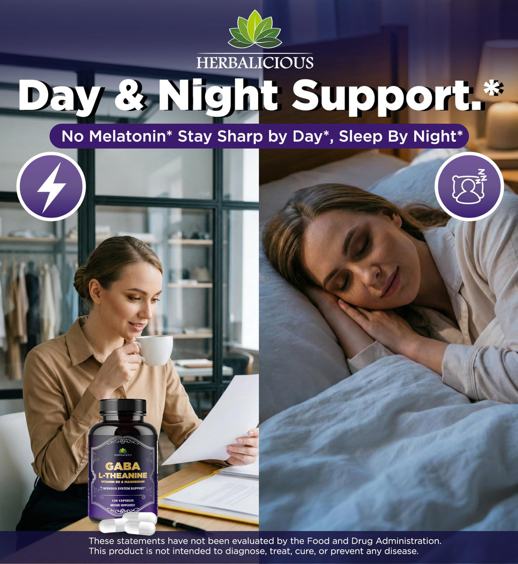 HERBALICIOUS GABA L-Theanine with Magnesium – Calm & Focus Support, Stress Relief, Relaxation + Mood Balance, Brain & Memory Support Supplement – Vitamin B6 + B12 Complex – 120 Capsules HERBALICIOUSBuy Supplements Australia