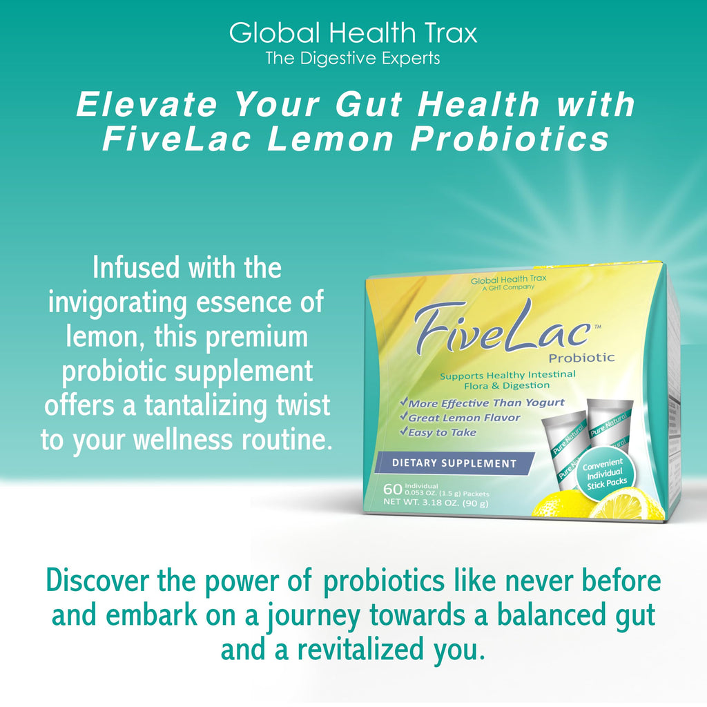 Global Health Trax GHT - FiveLac Lemon Probiotic Powder Drink Mix, Probiotics for Women, Men & Kids - Smooth Digestive Support & Elimination - Relieves Constipation & Gas - 60 Packets (2 Pack) Non-GMO ght Global Health TraxBuy Supplements Australia