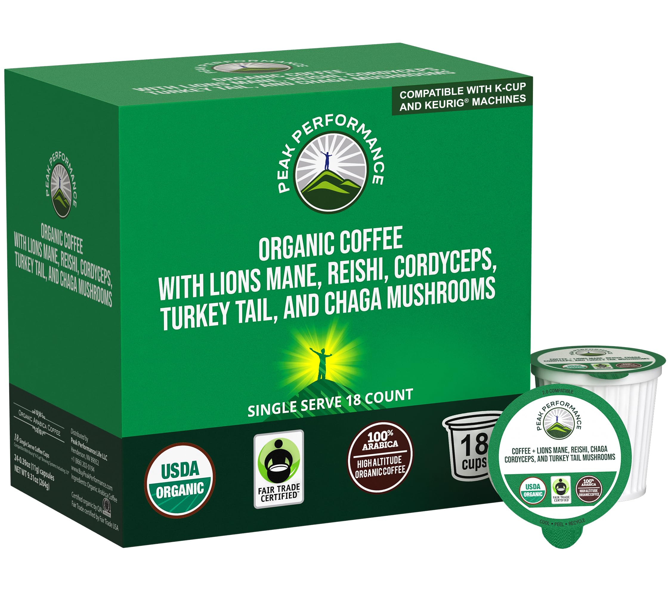 Organic Mushroom Coffee Pods with Lion's Mane, Reishi, Cordyceps, Turkey Tail, and Chaga Mushrooms. High Altitude, Low Acid, Smooth Tasting, Fair Trade, Instant Nootropic Coffee (Medium Roast Ground) Peak PerformanceBuy Supplements Australia