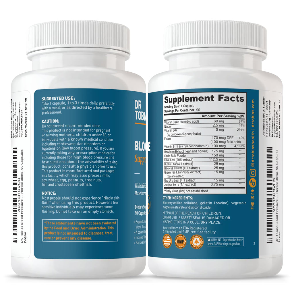 Dr. Tobias Blood Pressure Support Supplement with Hawthorn, Hibiscus Flower, Olive Leaf & Garlic, Supports Normal Circulatory Health with Vitamins C, B6, B12, Niacin, Folate & Herbs, 90 Capsules Dr. TobiasBuy Supplements Australia