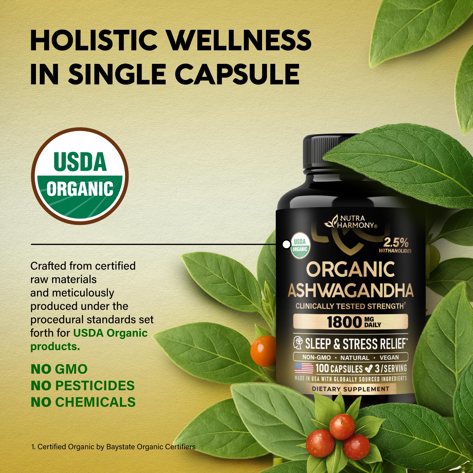 Ashwagandha Supplements 1800mg - USDA Organic Ashwagandha for Women & Men - Clinically Effective Strength for Stress Relief & Sleep - Powder & Root Extract 2.5% Withanolides - Made in USA 100 Capsules NUTRAHARMONYBuy Supplements Australia