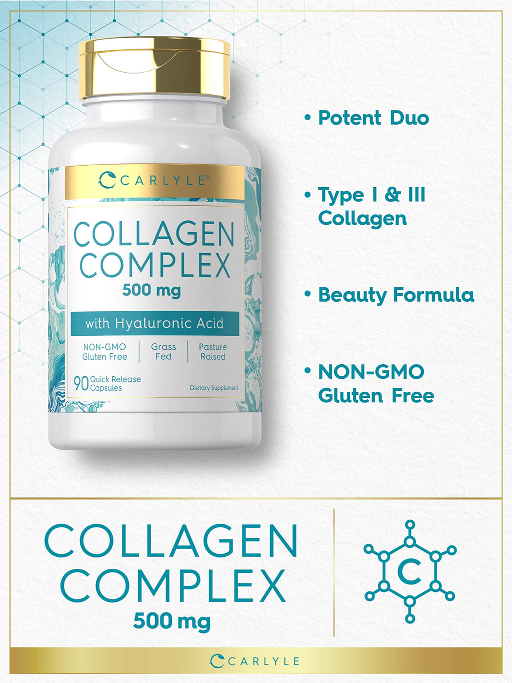 Carlyle Collagen Pills with Hyaluronic Acid | 500mg | 90 Capsules | Hydrolyzed Collagen Type 1 and 3 | Non-GMO, Gluten Free Supplement Carlyle buy supplements Au