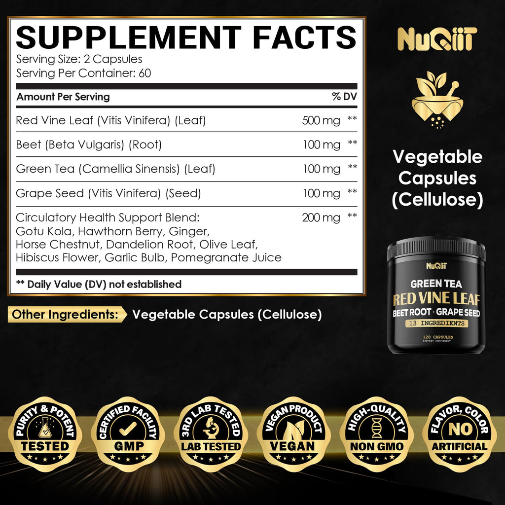 Red Vine Leaf Extract 15000mg Beet Root 3000mg Organic Green Tea 3000mg Supplement & More - Support Heart Health, Strength, Immune System & Body Management - 120 Vegan Capsules for 2-Month Supply NUQIITBuy Supplements Australia