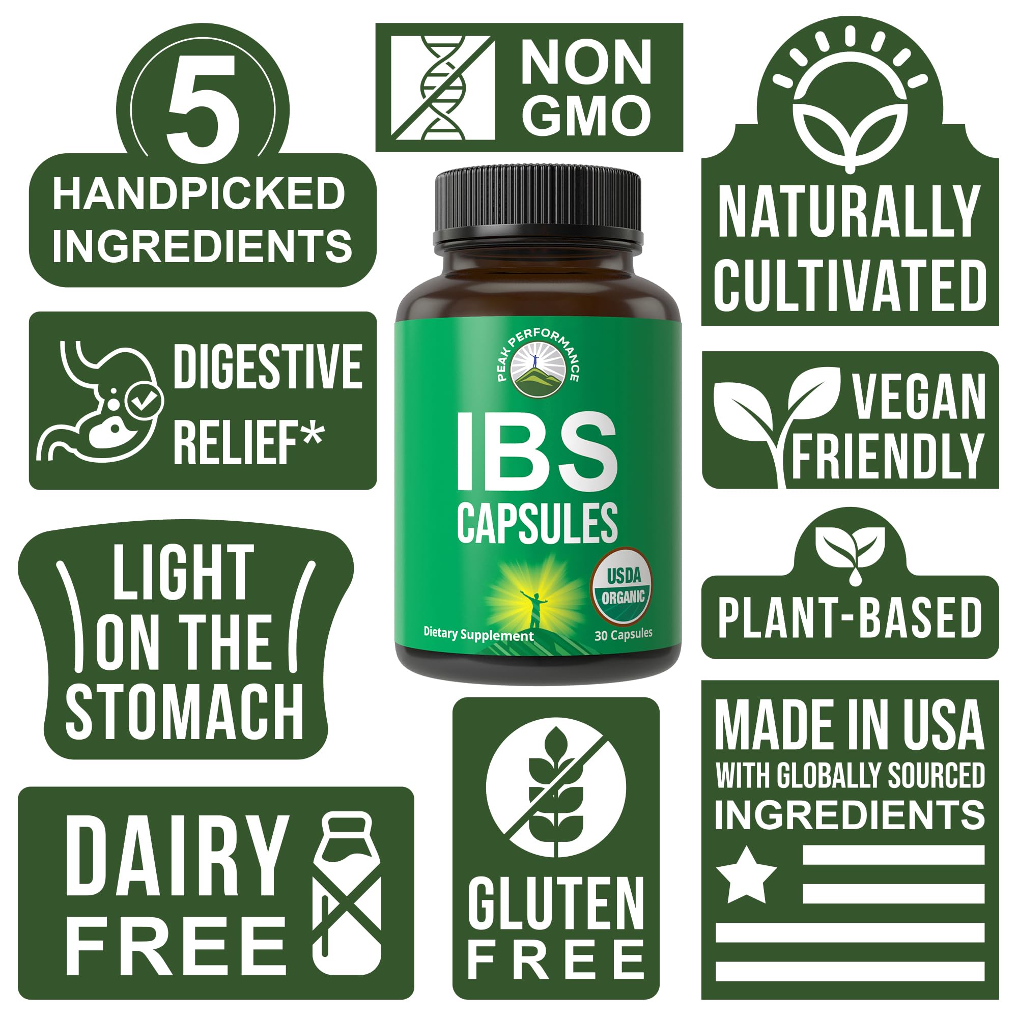 USDA Organic IBS Capsules for Relief, Ingestion, Bloating, Gas. Irritable Bowel Supplement with 5 Handpicked Organic Ingredients. Peppermint Oil, Sea Buckthorn, Fennel Seed, Rosemary Leaf, Basil Leaf Peak PerformanceBuy Supplements Australia