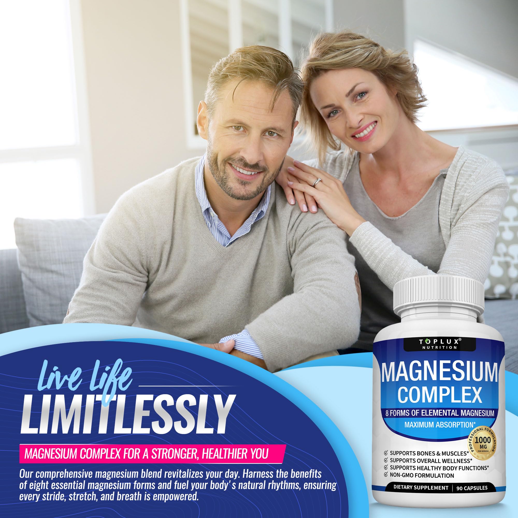Magnesium Complex Supplement 8 Elemental 1000mg - Magnesium Glycinate, Citrate, Malate, Taurate, Chelated for Easy Absorption for Bones, Muscle, Recovery, Energy, Vegan Non-GMO 90 Capsules Toplux buy supplements Au