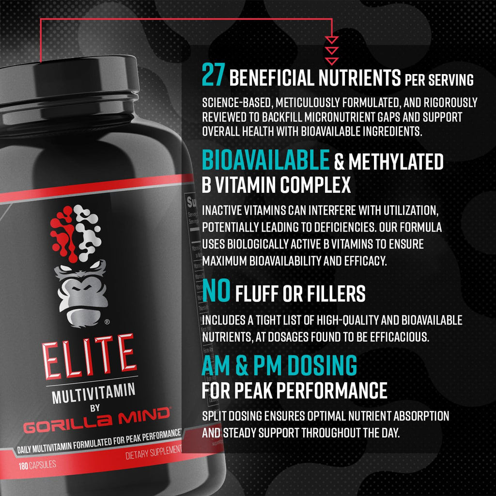 Gorilla Mind Elite Multi-Vitamin (180 Capsules) – Daily Multivitamin Formulated for Peak Performance | 27 Nutrients to Backfill Micronutrient Shortcomings Gorilla Mind buy supplements Au