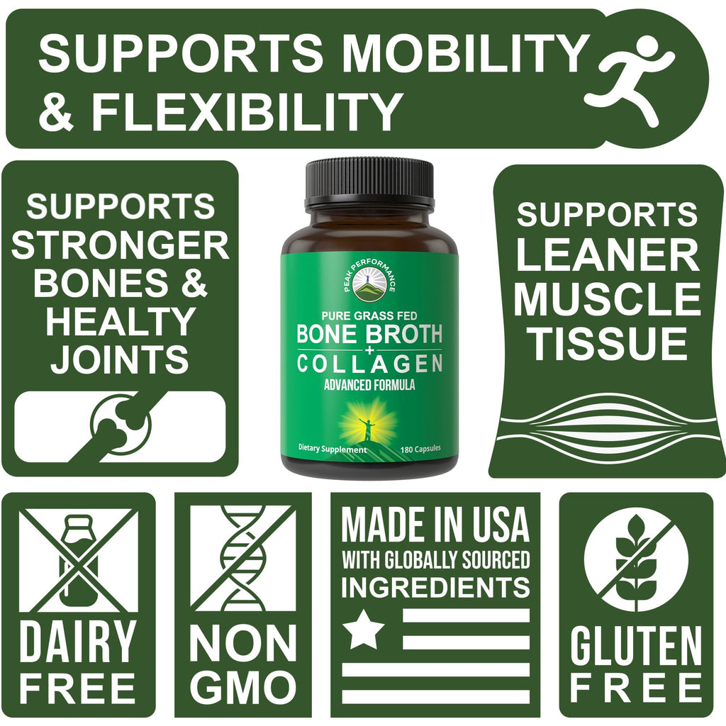 Bone Broth Collagen Capsules. 180 Pills of Grass Fed Bone Broth Collagen Protein Peptides. Contains All 3 Types 1, 2, and 3. Pure Pasture Raised Paleo Friendly Tablets for Women and Men Peak PerformanceBuy Supplements Australia