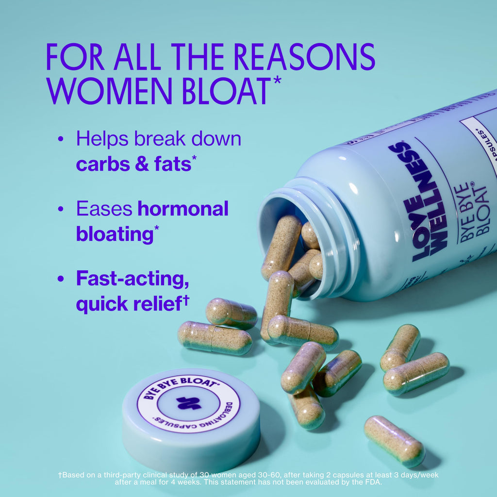 Love Wellness Bye Bye Bloat | Digestive Enzymes for Fast Acting Bloating Relief for Women | Helps Reduce Water Retention & Gas Relief | Supports Digestive Health