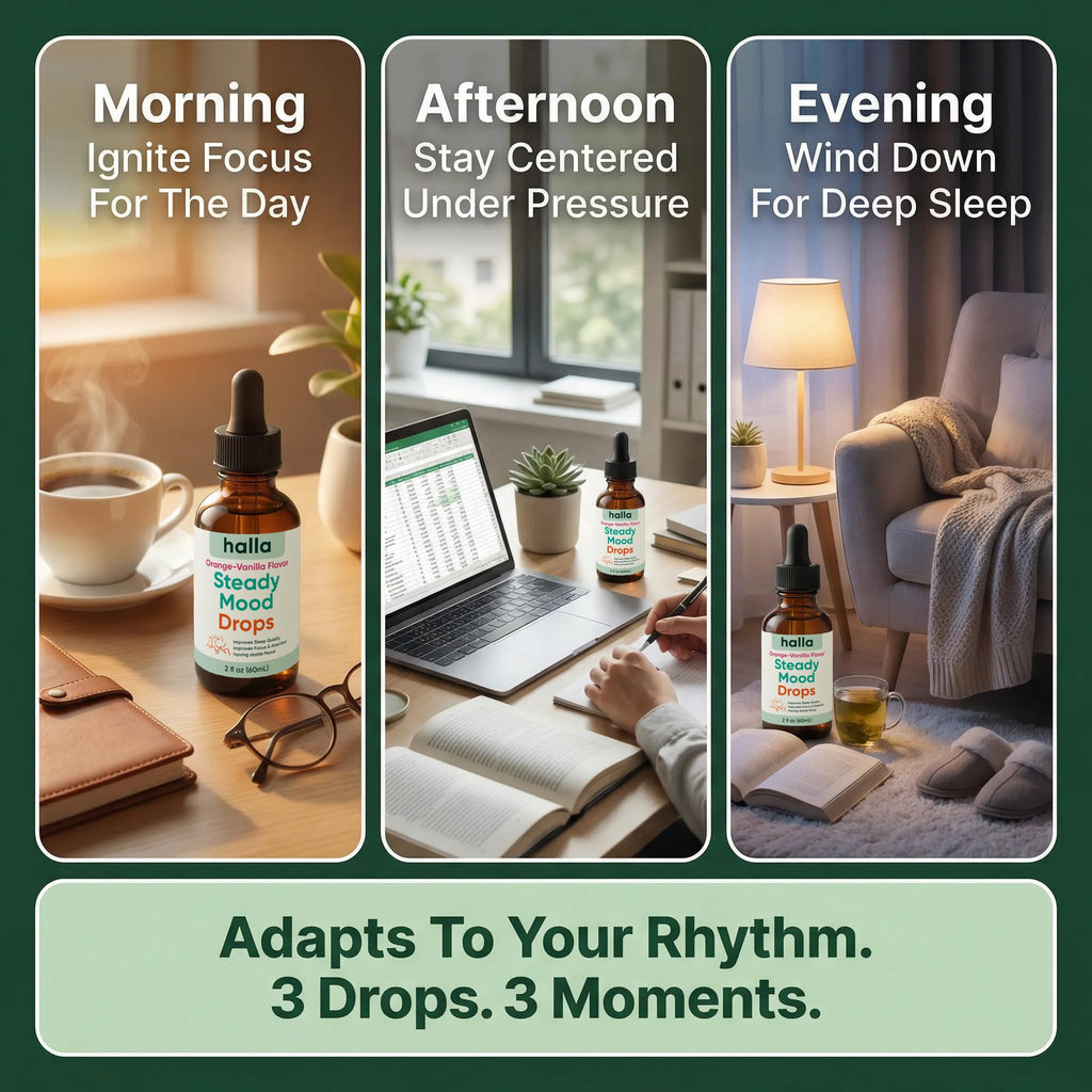Halla Steady Mood Drops Saffron Extract, Maritime Pine Bark Extract, Phosphatidylserine, Magnesium L-Threonate, Sleep Supplements, Improves Focus & Attention, Mood Support Supplement, 60ml HALLA buy supplements Au