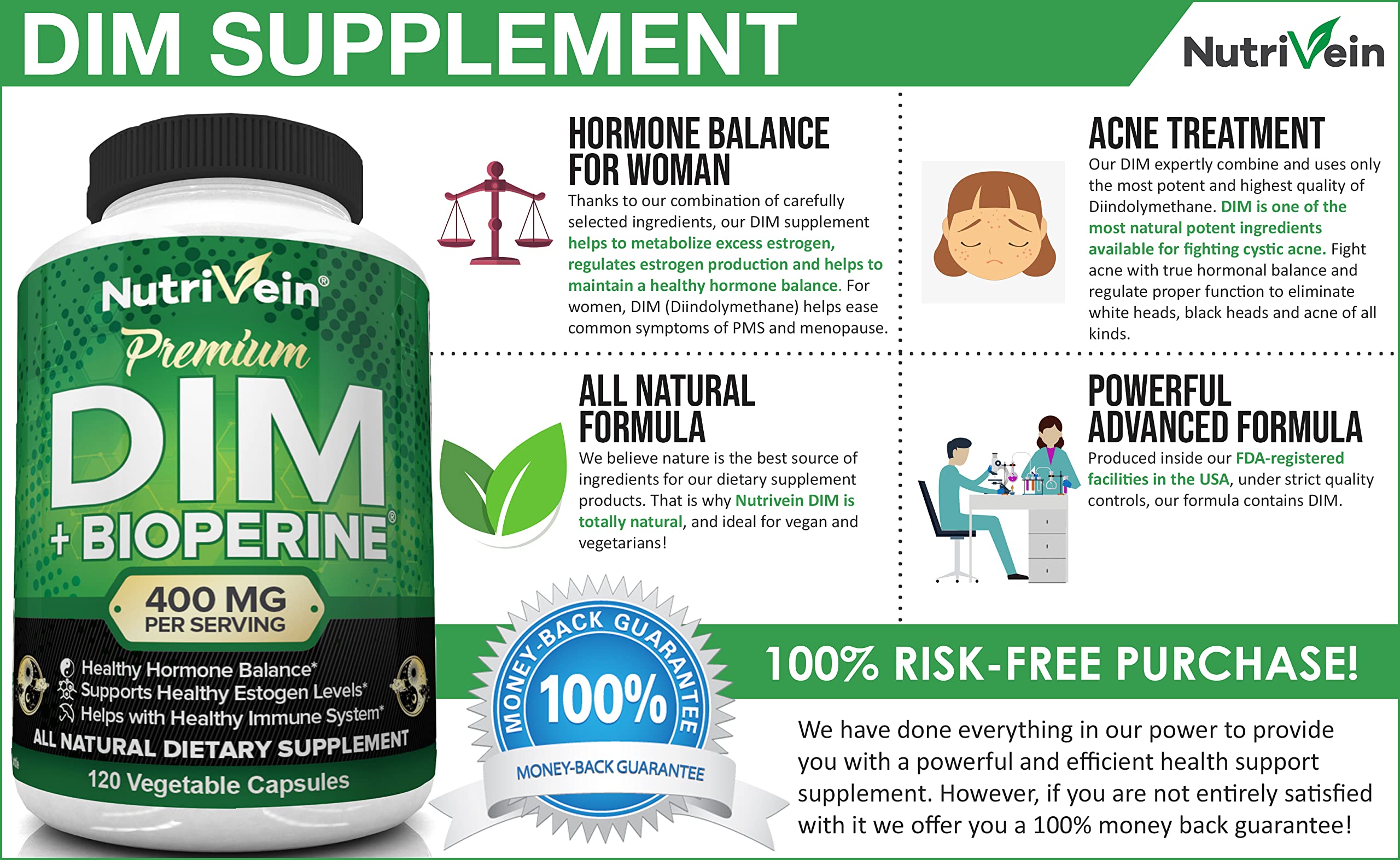 Nutrivein DIM Supplement 400mg Diindolylmethane Plus Bioperine - Maintain Hormone NutriveinBuy Supplements Australia