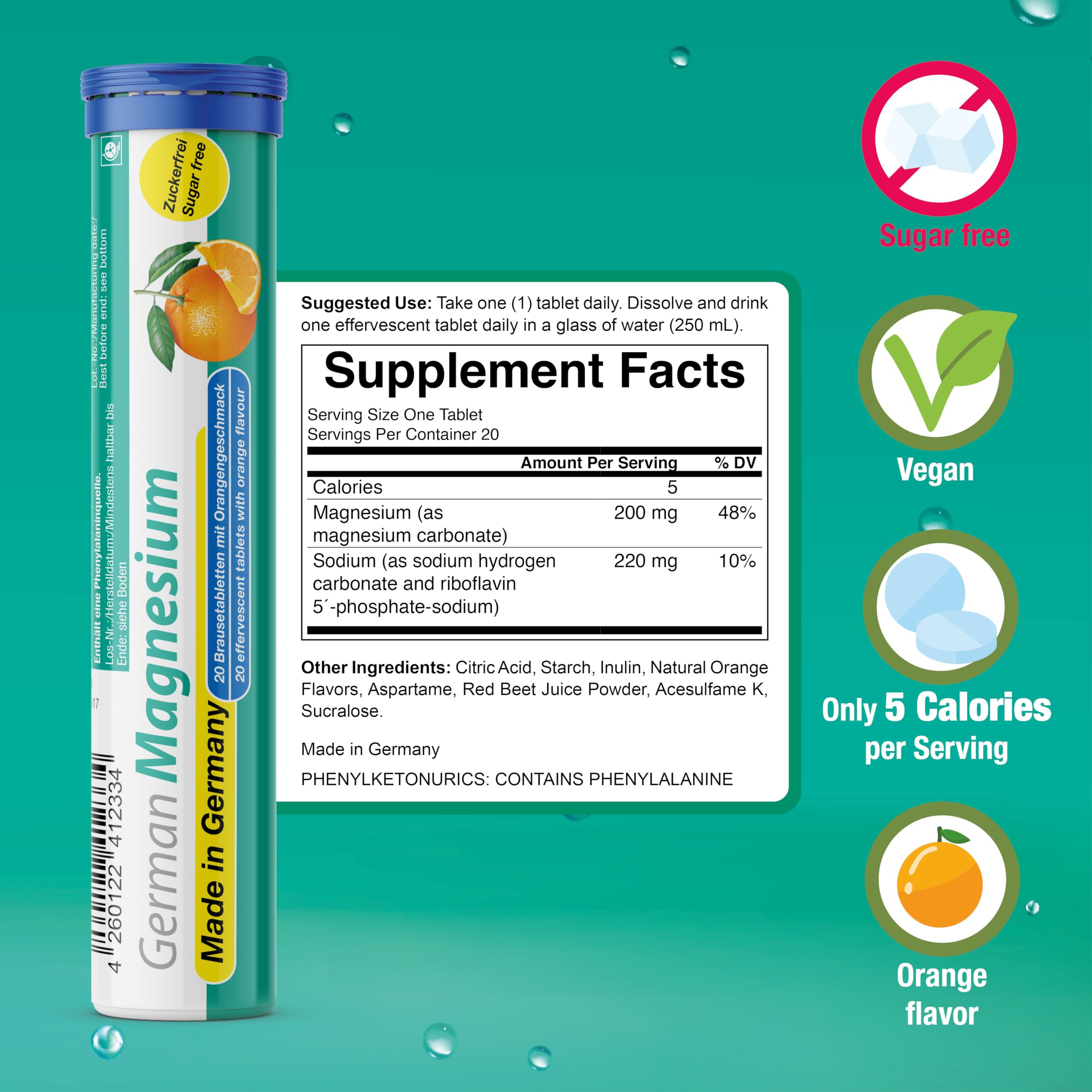 German Magnesium Oxide Supplement | Effervescent Tablets | Orange Flavor – 200 mg Magnesium per Serving | Sugar Free, Vegan – T&D Pharma – Made in Germany T&D buy supplements Au