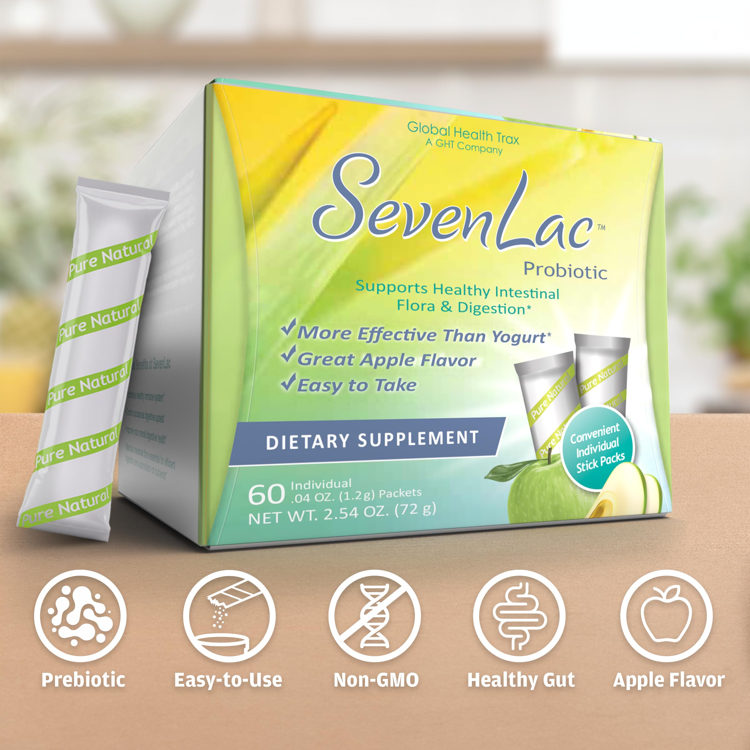 Global Health Trax SevenLac Apple Probiotic Powder Drink Mix, Probiotics for Women, Men, and Kids – Smooth Digestive Support - Relieves Constipation and Gas – 60 Packets, 2.54 Oz, Non-GMO, Gluten-Free ght Global Health TraxBuy Supplements Australia