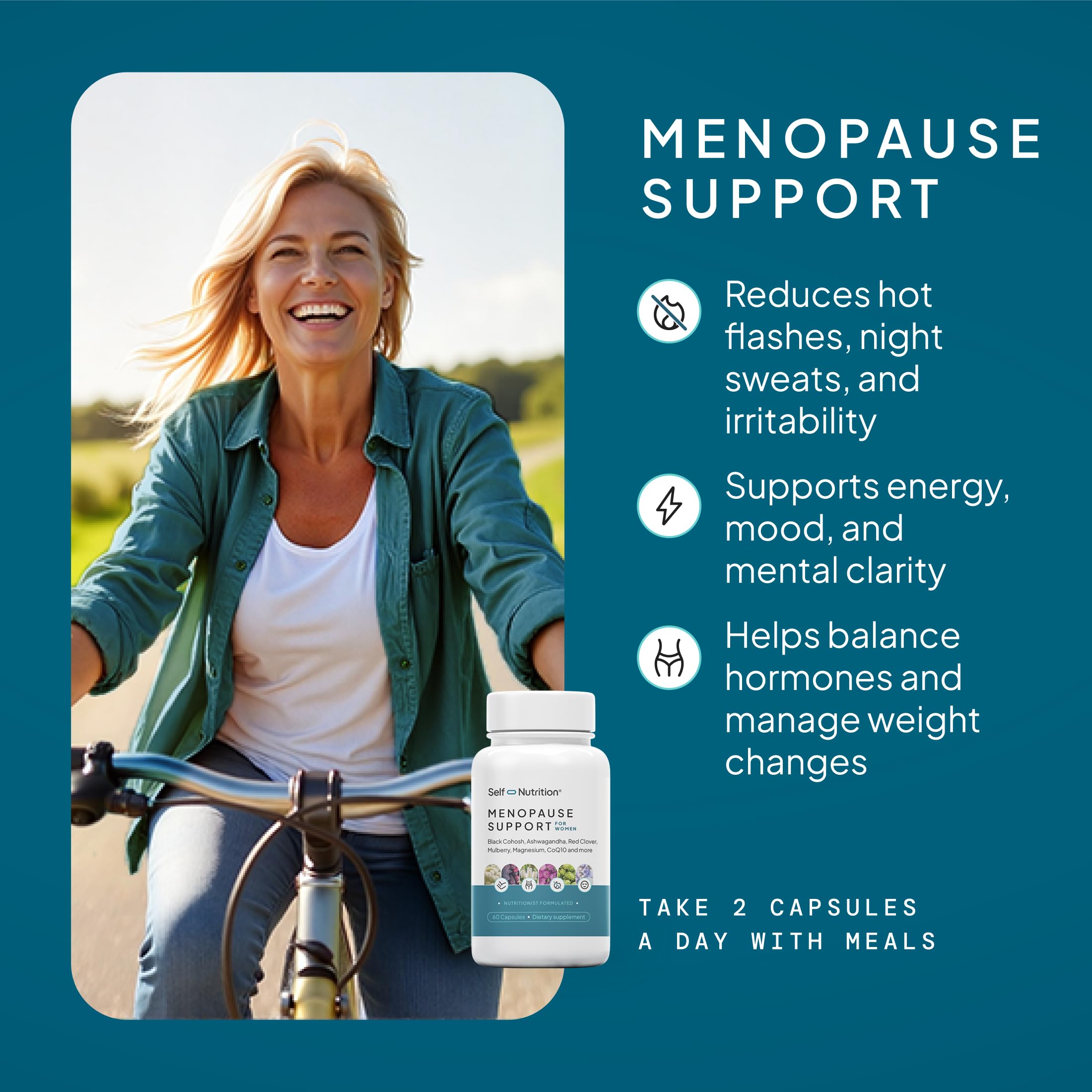 SELF NUTRITION Menopause Support for Women -All-Natural, Hormone-Free Perimenopause & Menopause Support. Unique Blend for Hot Flashes, Mood, Energy, Sleep & More. Vegan, Gluten-Free, 60 Capsules. SELF NUTRITIONBuy Supplements Australia