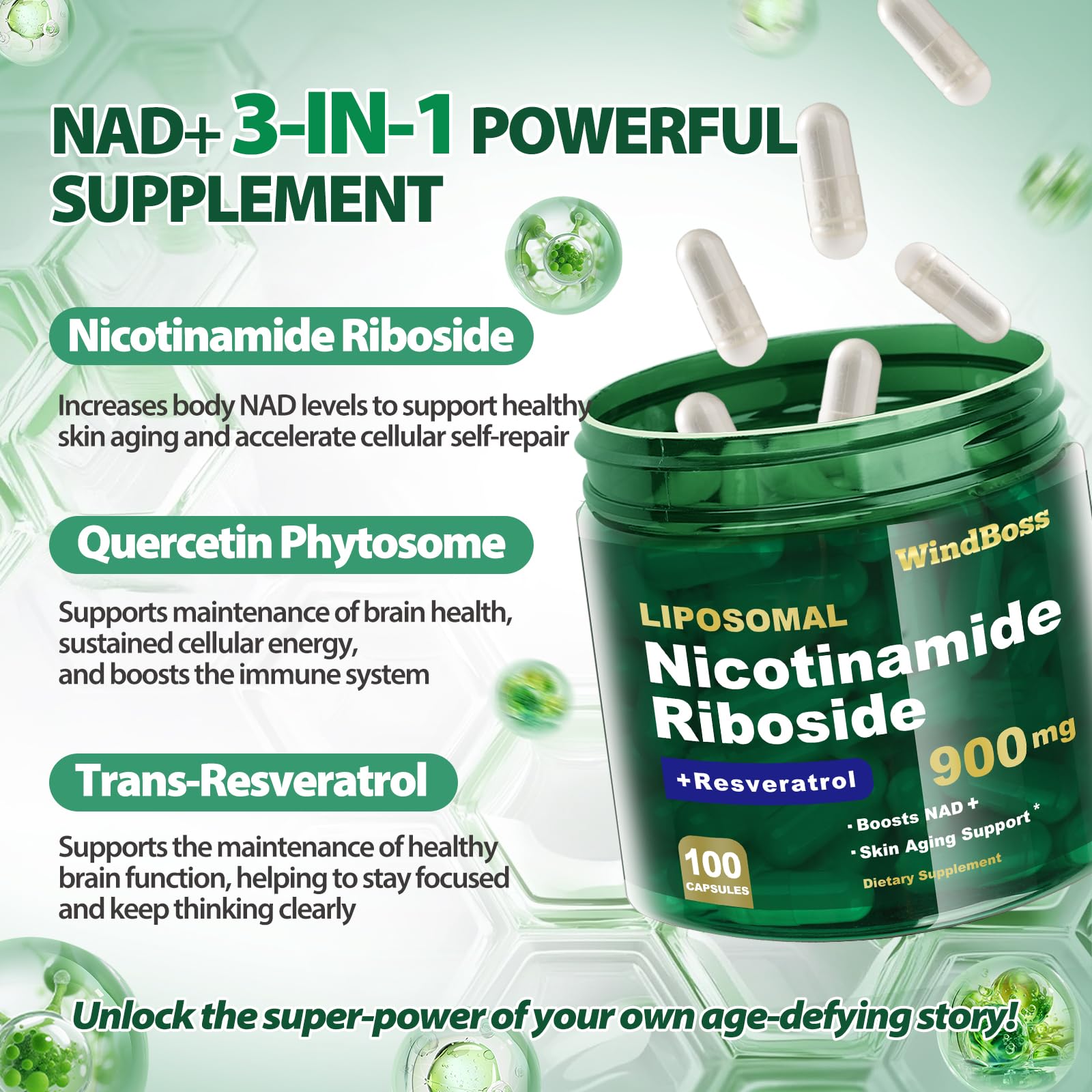 Windboss Liposomal NAD+ Supplement with Nicotinamide Riboside & Resveratrol, NAD Booster for Cellular Energy, Anti-Aging & Metabolism – NMN Alternative, NAD Supplement for Men & Women – 2pcs WindbossBuy Supplements Australia