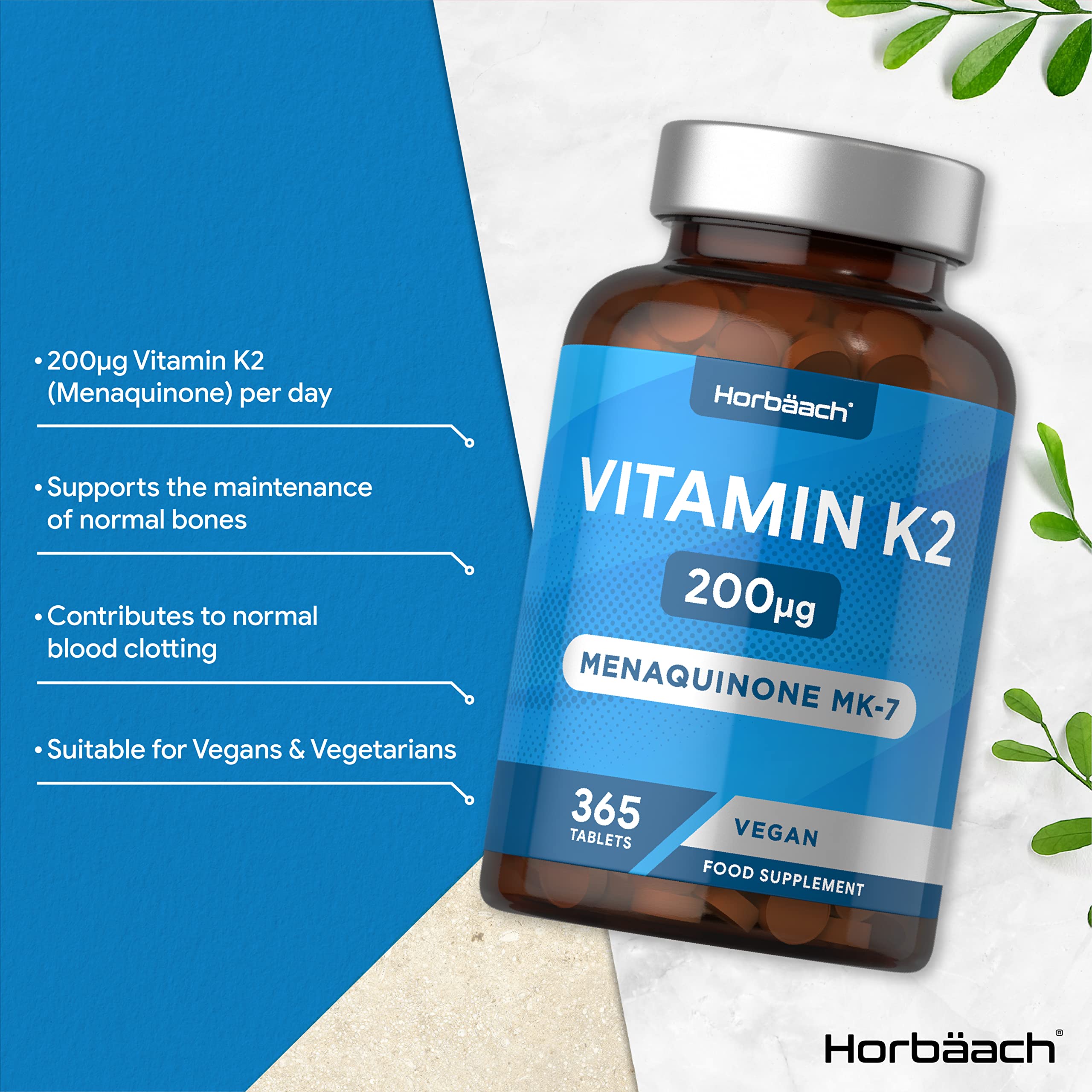 Vitamin K2 MK7 200ug | 365 Vegan Tablets | High Strength Menaquinone MK-7 HorbäachBuy Supplements Australia