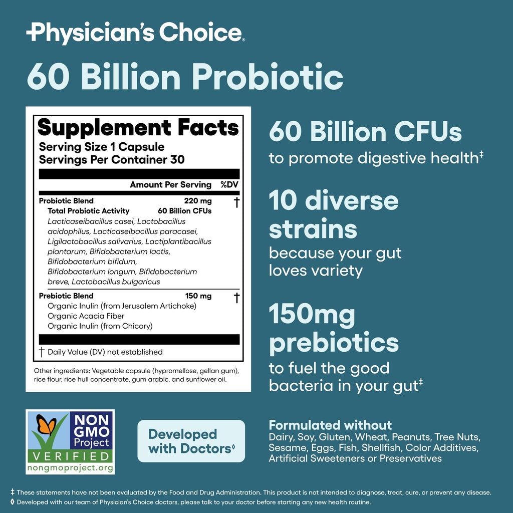 Physician's CHOICE Probiotics 60 Billion CFU - 10 Strains + Organic Prebiotics - Immune, Digestive & Gut Health - Supports Occasional Constipation, Diarrhea, Gas & Bloating - for Women & Men - 30ct Physician's CHOICEBuy Supplements Australia