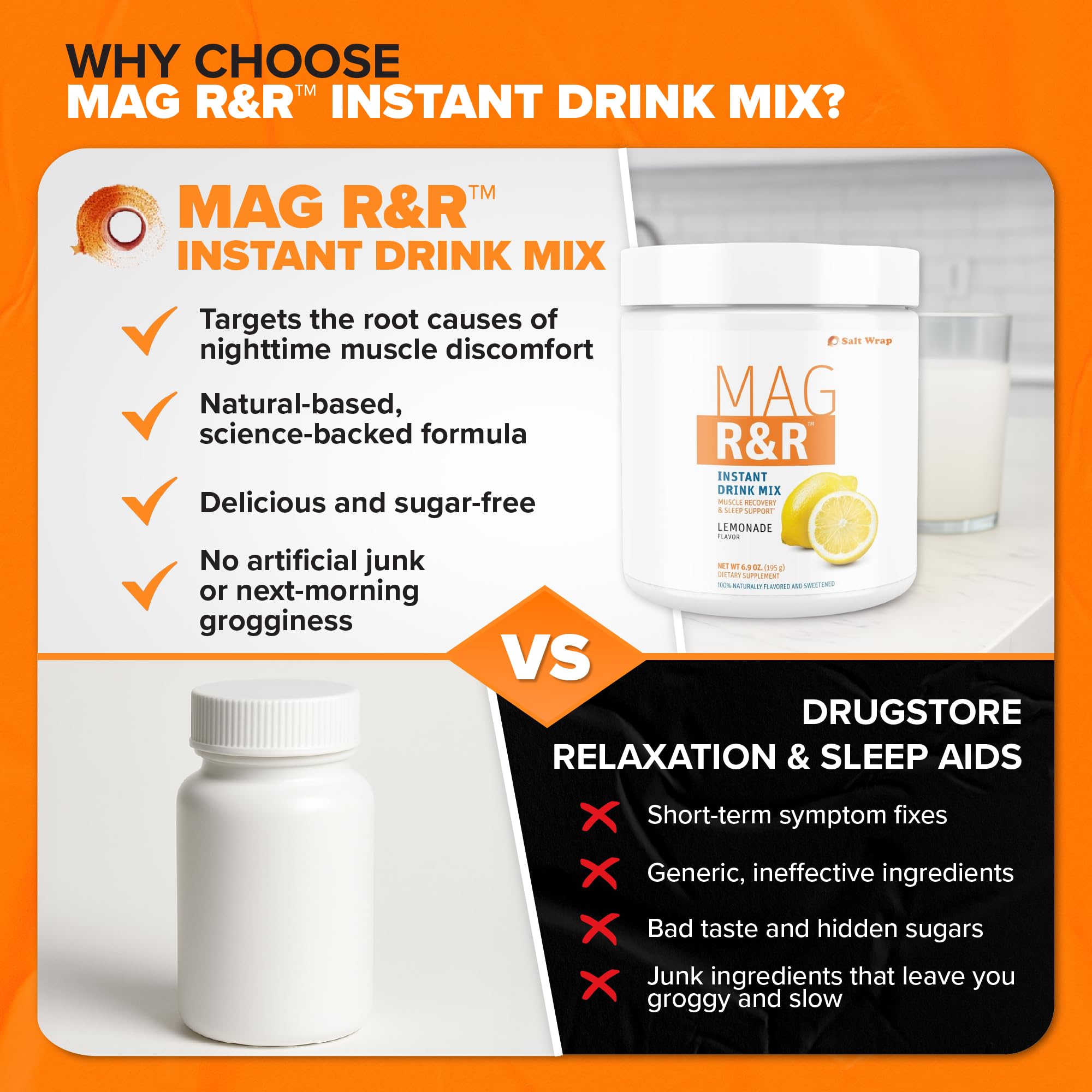 SaltWrap Mag R&R Instant Drink Mix - Sugar-Free Nighttime Magnesium Glycinate Powder with Stevia & FiberSMART® - Muscle Cramp & Leg Cramps Relief, Sleep & Relaxation Support - 30 Servings SaltWrapBuy Supplements Australia