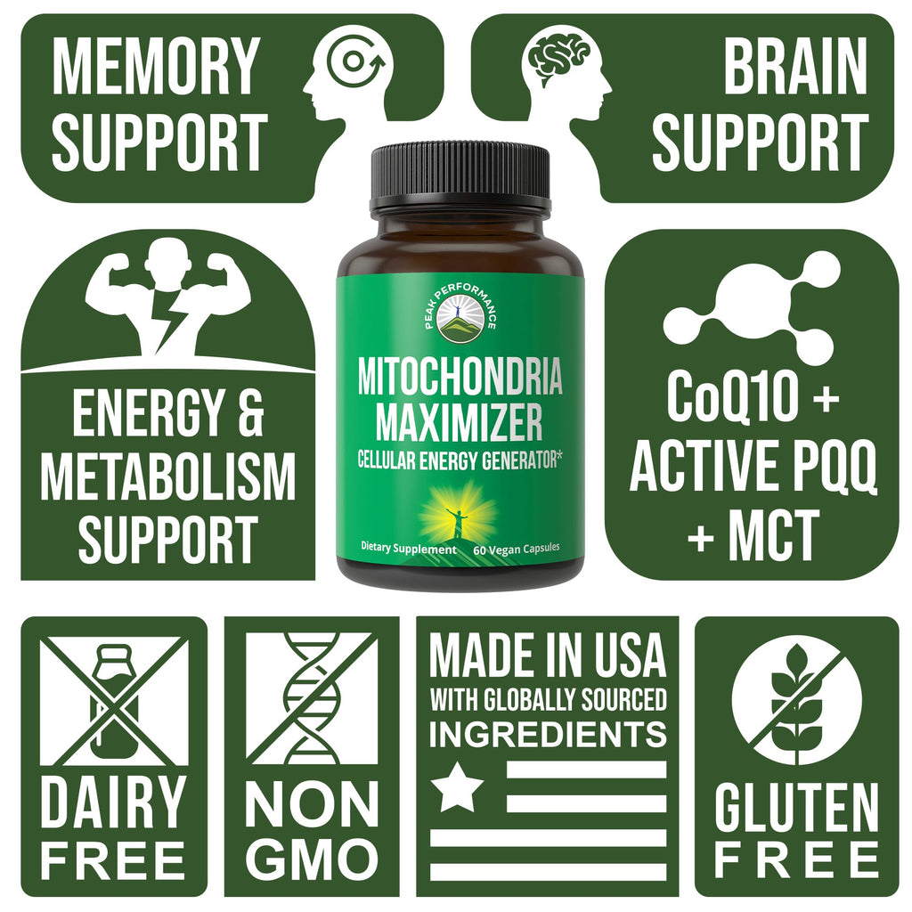 Peak Performance Mitochondria Maximizer with CoQ10 and Active PQQ. Best Mitochondrial Support Supplement with MCT Oil. Natural Cellular Generator for Clean, Energy Support. 60 Vegetarian Capsules Peak PerformanceBuy Supplements Australia