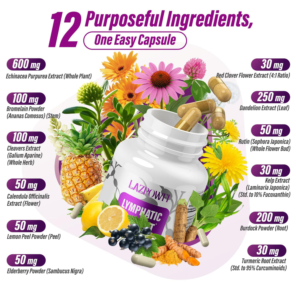 Lazpowfi Lymphatic Drainage Supplements, 1540mg Lymph System Support Supplement for Women & Men with Dandelion, Burdock, Echinacea,Rutin, Turmeric,Cleavers & More, 60 Capsules Lazpowfi buy supplements Au