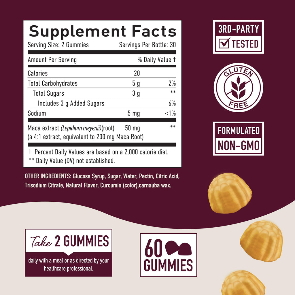 Maca Root Gummies with Natural Peach Flavor | Drive, Performance & Energy Support | Hormone Balance for Women and Men | Herbal Supplements 200MG Extra Strength | Vegetarian, Non-GMO | 60 Gummies SMNutritionBuy Supplements Australia