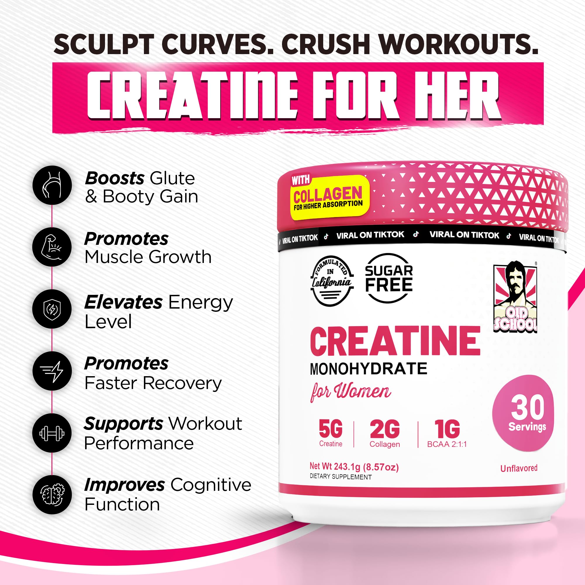 Old School Labs Creatine for Women – Post-Workout Supplement with 5000mg Creatine Monohydrate Powder, 2000mg Collagen & BCAA 2:1:1 for Strength Support & Recovery
