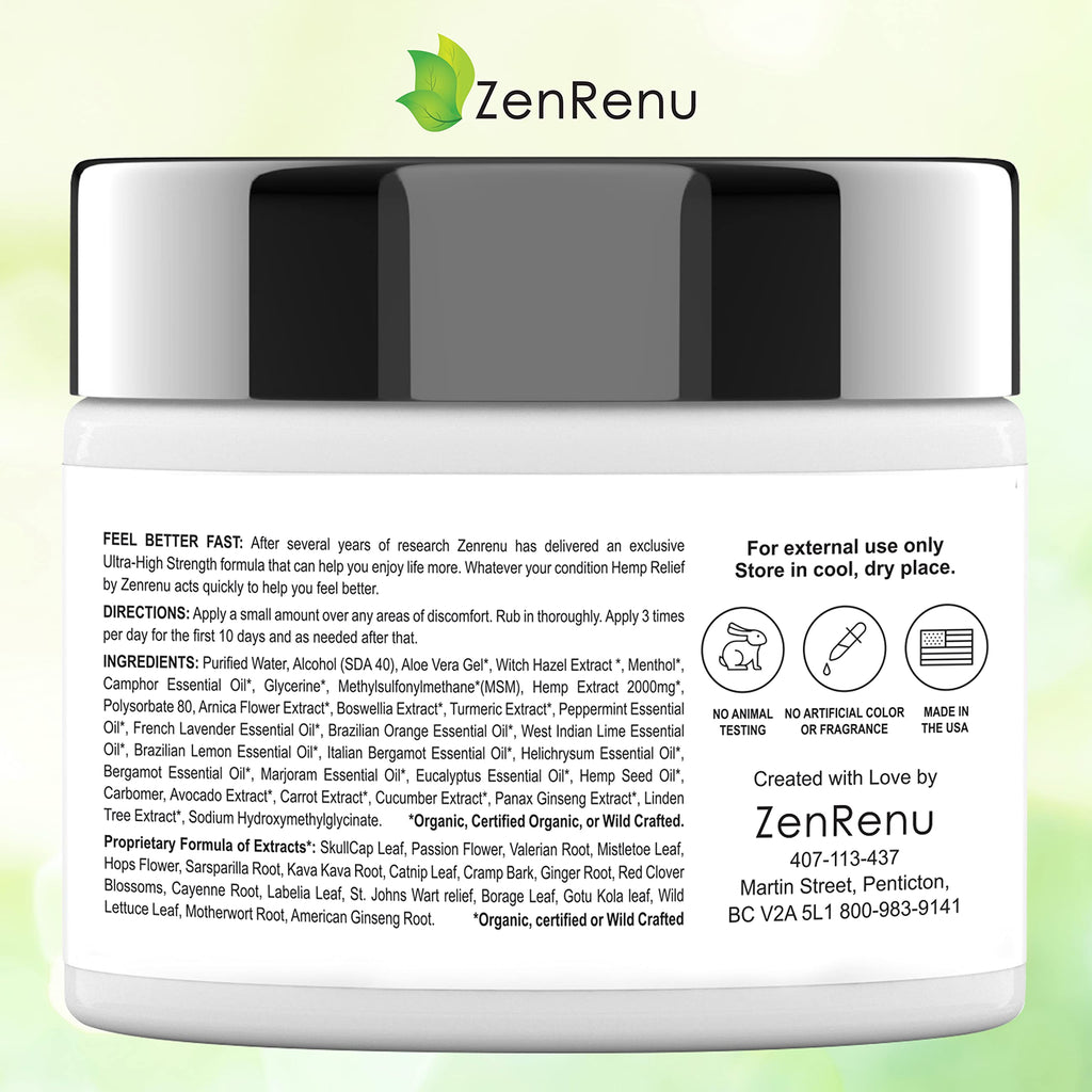Hemp Cream Maximum Strength - Menthol Rub with Hemp Oil, Arnica, Lavender, Aloe Vera, Kava Kava, & Camphor - Natural Hemp Muscle Rub Cream for Skin, Muscles & Joints - ZenRenu, 4 oz ZenrenuBuy Supplements Australia