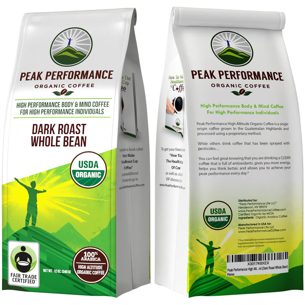 Peak Performance High Altitude Organic Coffee - Fair Trade, Low Acid, Non GMO, and Beans Full of Antioxidants - Dark Roast Smooth Tasting USDA Certified Organic Whole Bean Coffee Bag 12 oz Peak PerformanceBuy Supplements Australia