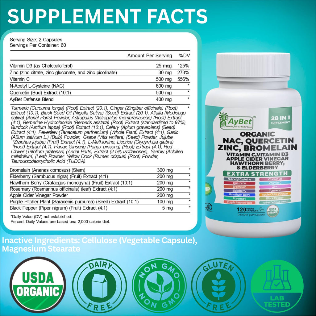 NAC-n-acetyl cysteine- Quercetin Zinc Bromelain Supplement | Extra Strength with Vit C, D3, Apple Cider Vinegar, Elderberry, Hawthorn Berry, Turmeric | Immune Support|120 Vegan Capsules | USDA Organic AyBetBuy Supplements Australia