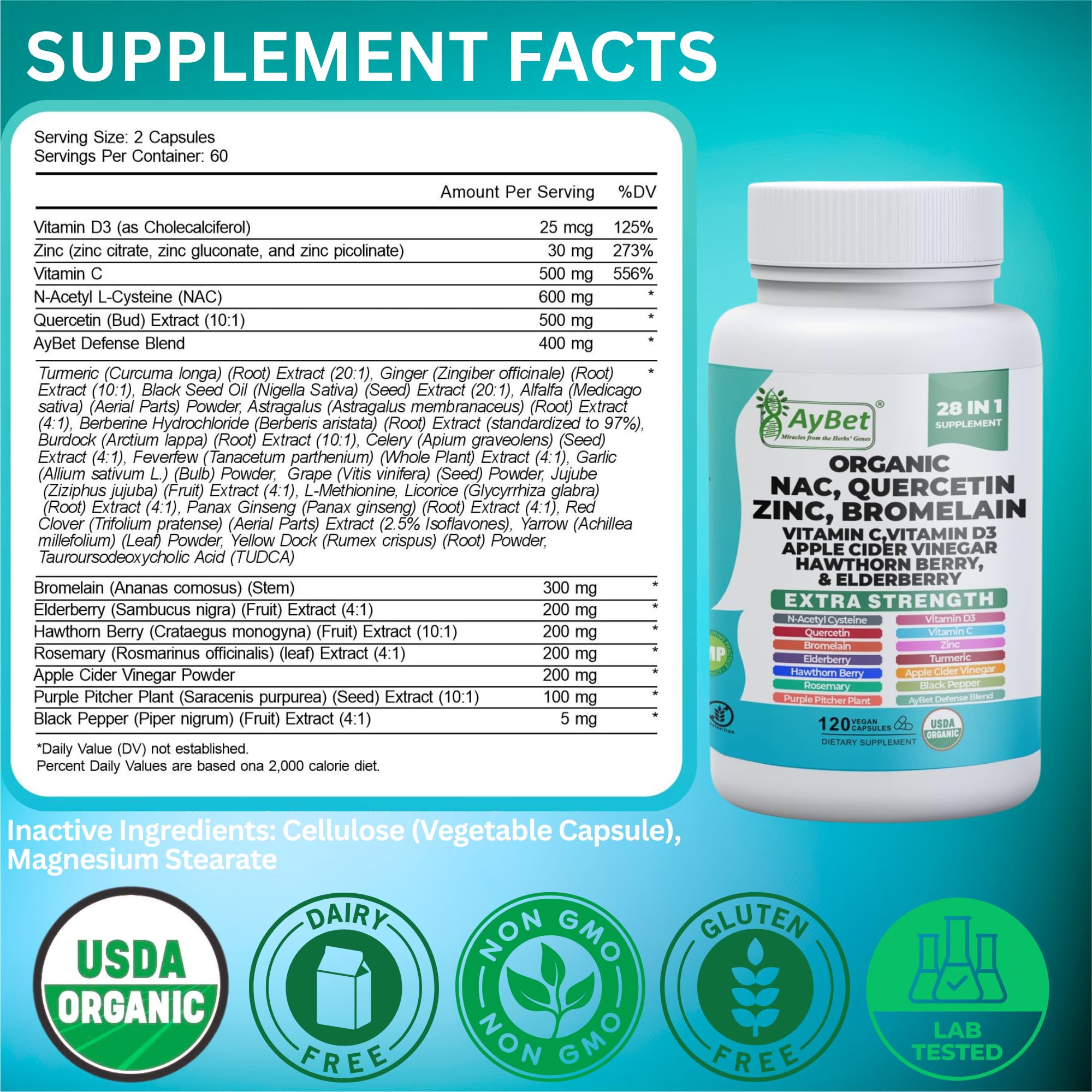 NAC-n-acetyl cysteine- Quercetin Zinc Bromelain Supplement | Extra Strength with Vit C, D3, Apple Cider Vinegar, Elderberry, Hawthorn Berry, Turmeric | Immune Support|120 Vegan Capsules | USDA Organic AyBetBuy Supplements Australia